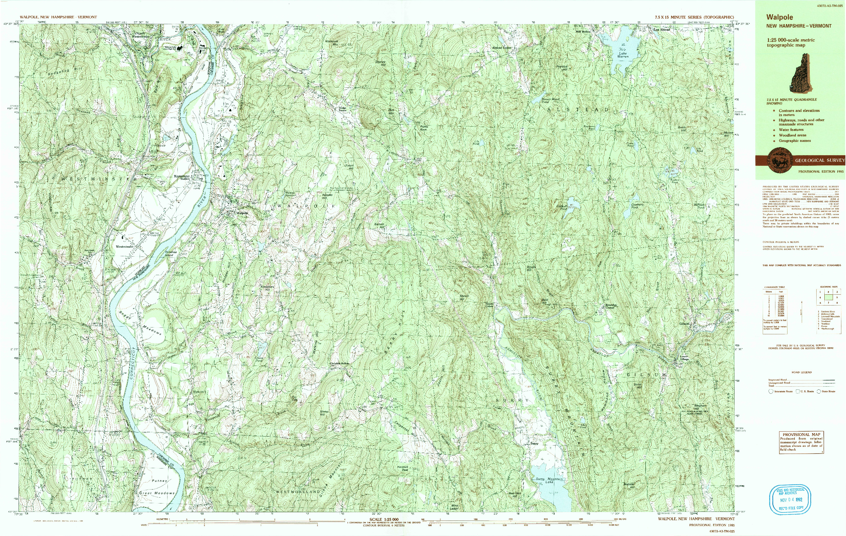USGS 1:25000-SCALE QUADRANGLE FOR WALPOLE, NH 1985