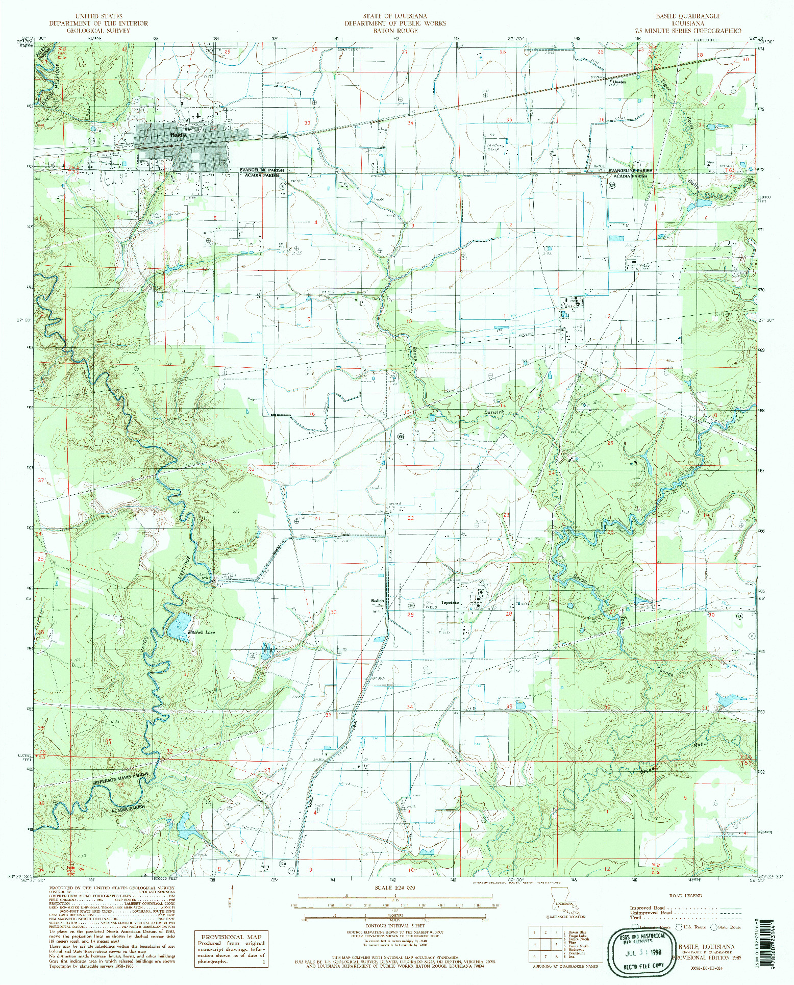 USGS 1:24000-SCALE QUADRANGLE FOR BASILE, LA 1985
