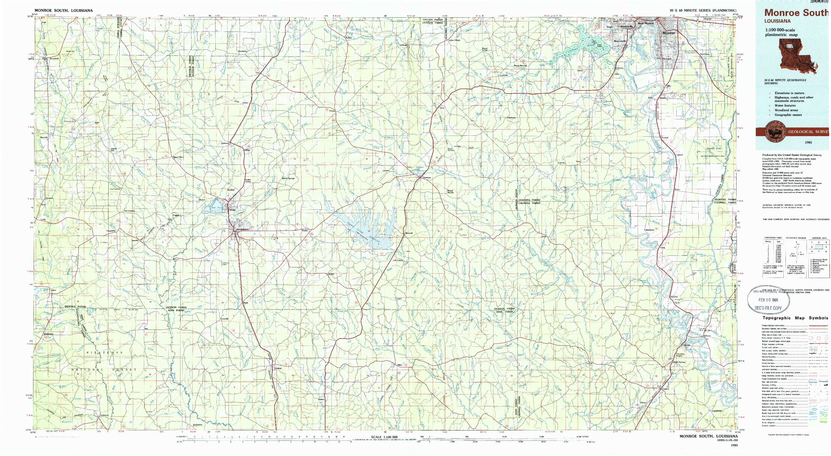 USGS 1:100000-SCALE QUADRANGLE FOR MONROE SOUTH, LA 1985