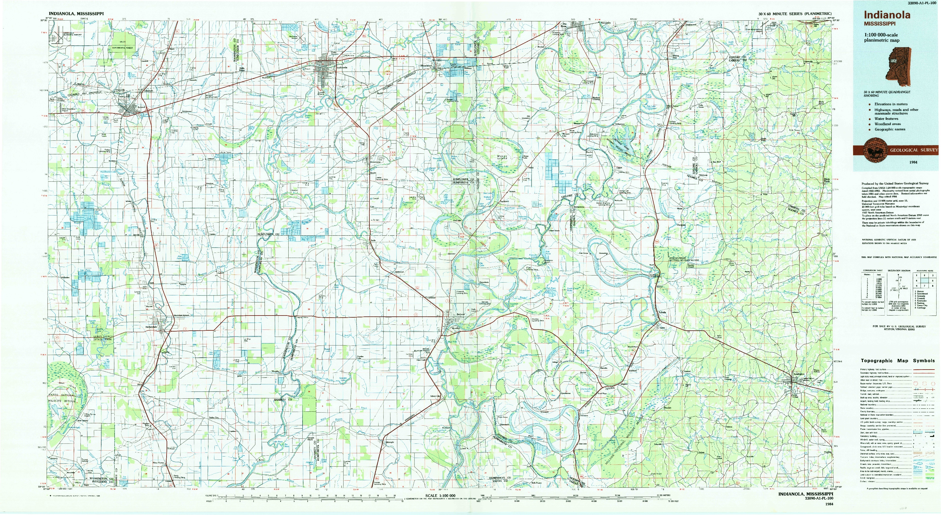 USGS 1:100000-SCALE QUADRANGLE FOR INDIANOLA, MS 1984