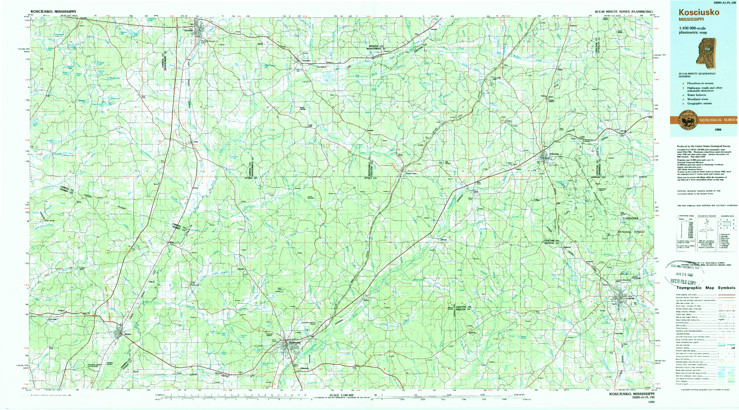 USGS 1:100000-SCALE QUADRANGLE FOR KOSCIUSKO, MS 1984