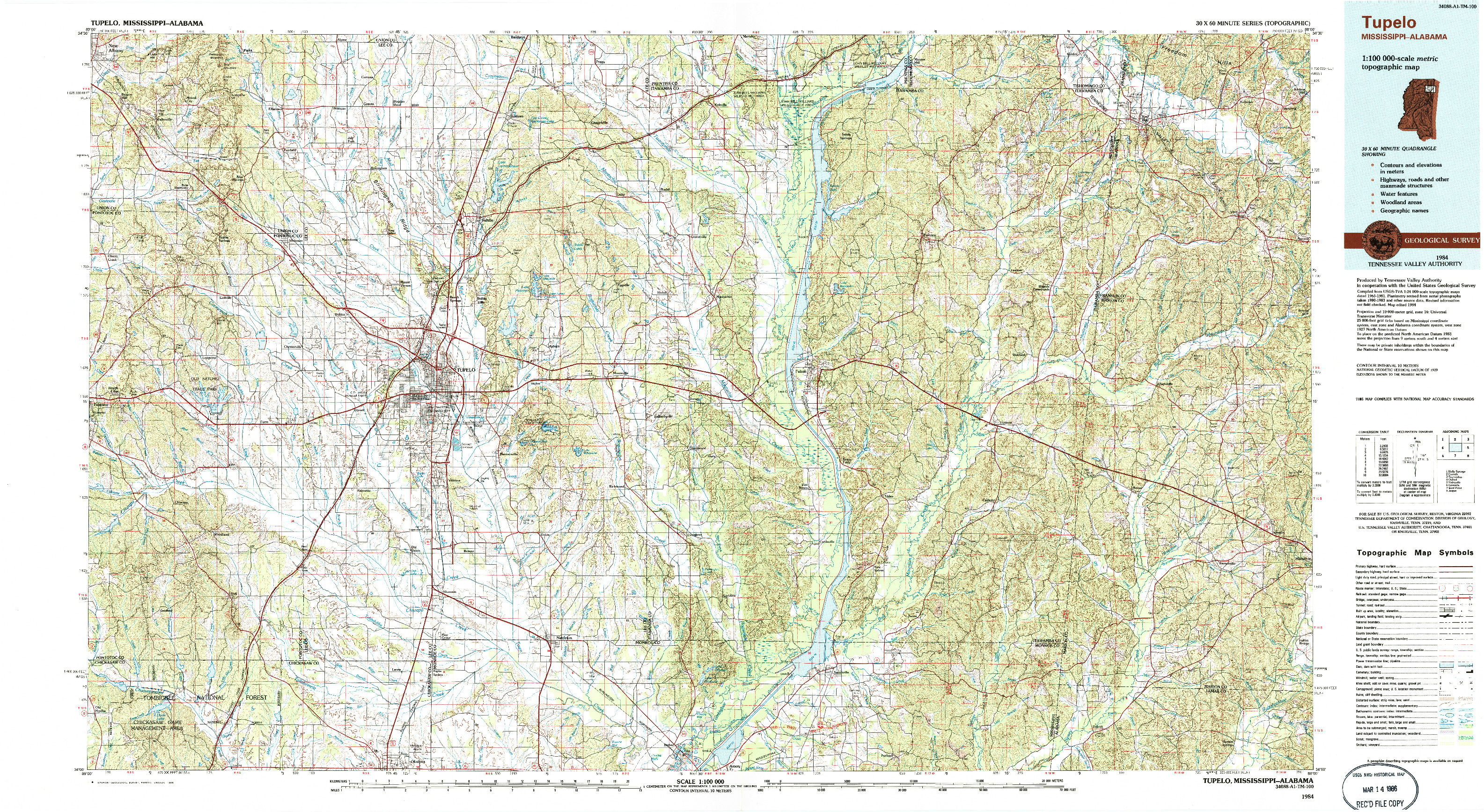 USGS 1:100000-SCALE QUADRANGLE FOR TUPELO, MS 1984