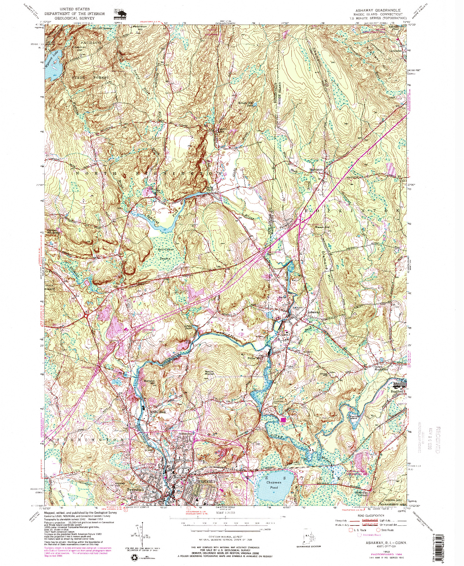 USGS 1:24000-SCALE QUADRANGLE FOR ASHAWAY, RI 1984