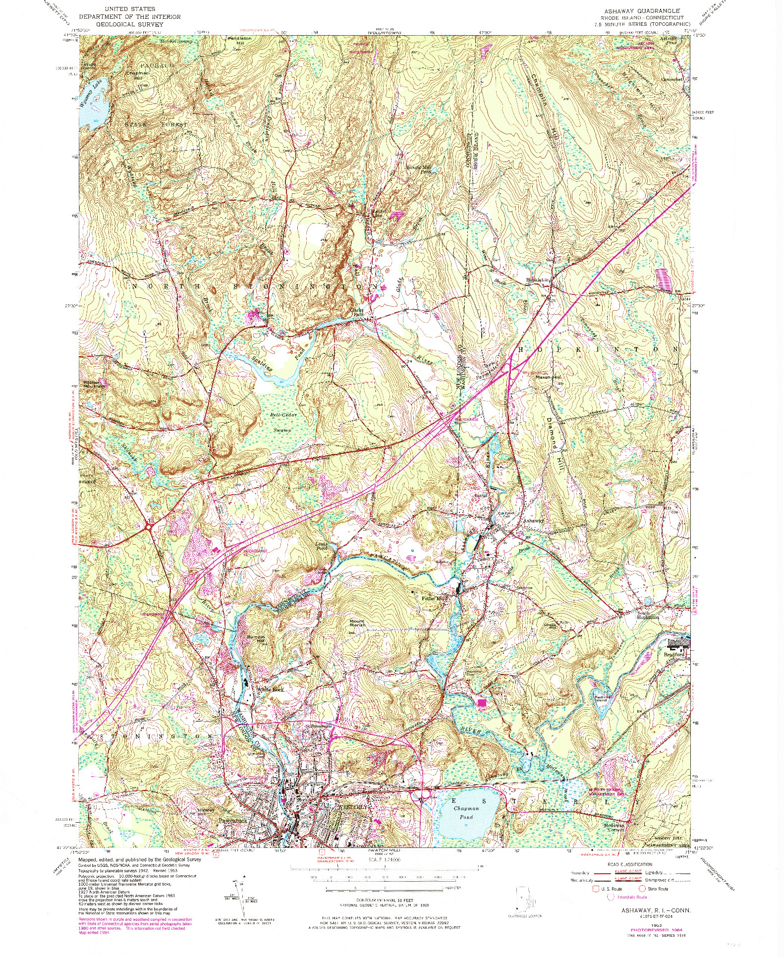 USGS 1:24000-SCALE QUADRANGLE FOR ASHAWAY, RI 1984