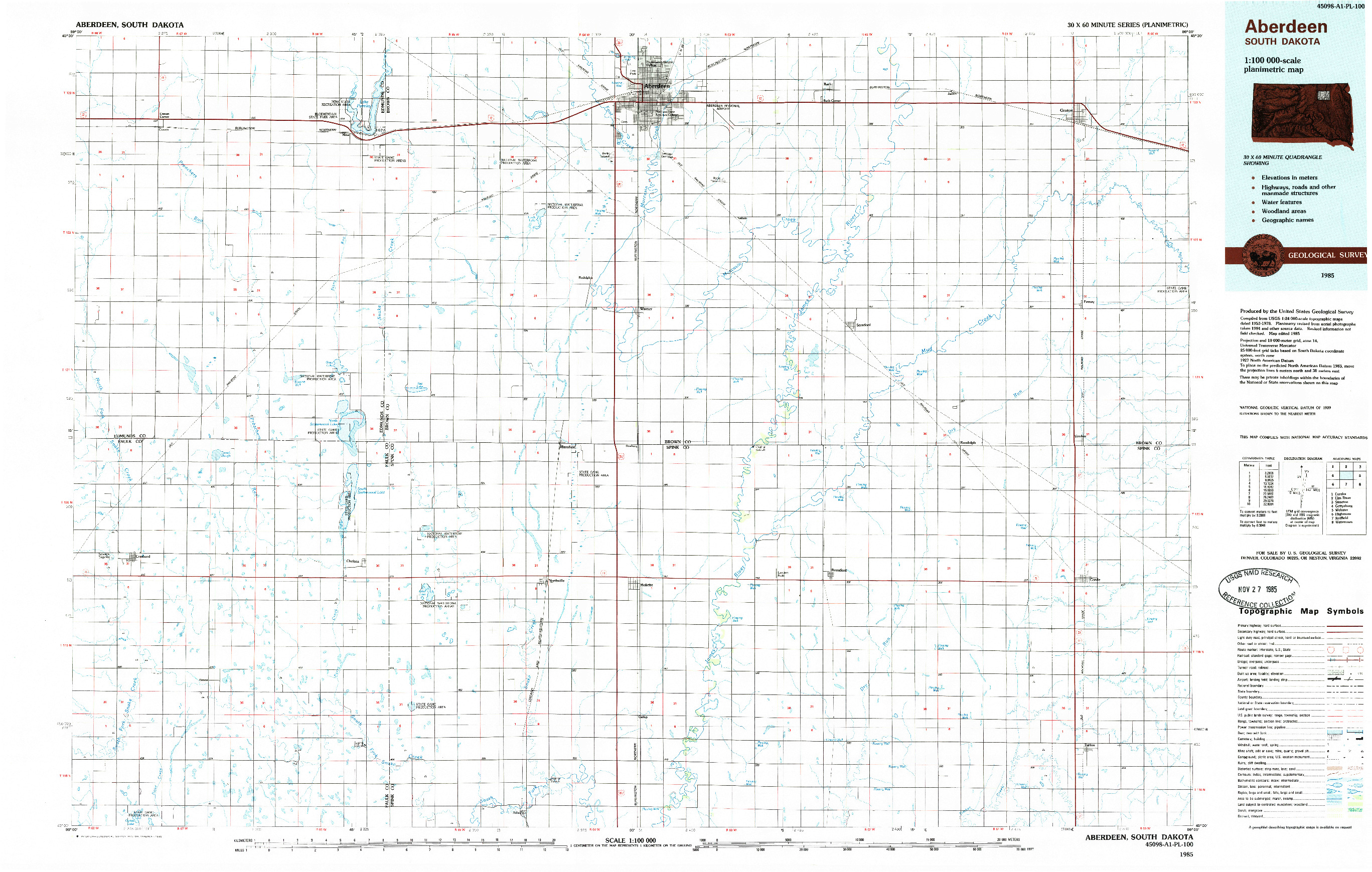 USGS 1:100000-SCALE QUADRANGLE FOR ABERDEEN, SD 1985