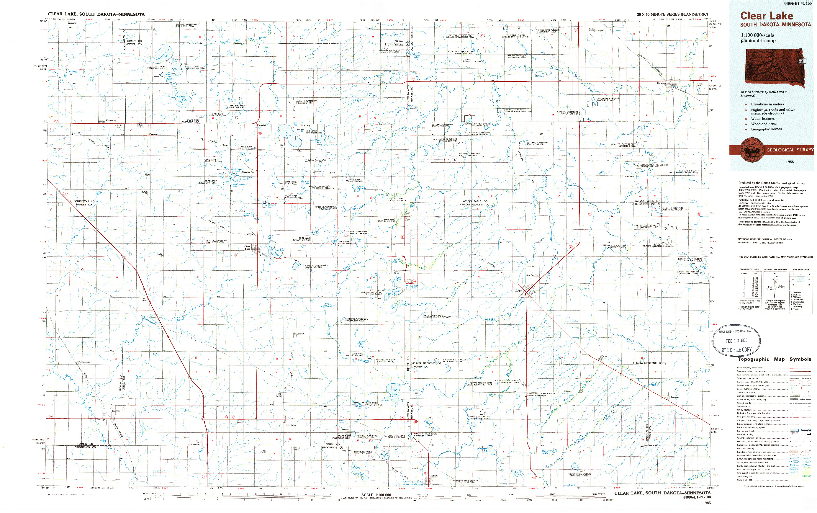 USGS 1:100000-SCALE QUADRANGLE FOR CLEAR LAKE, SD 1985