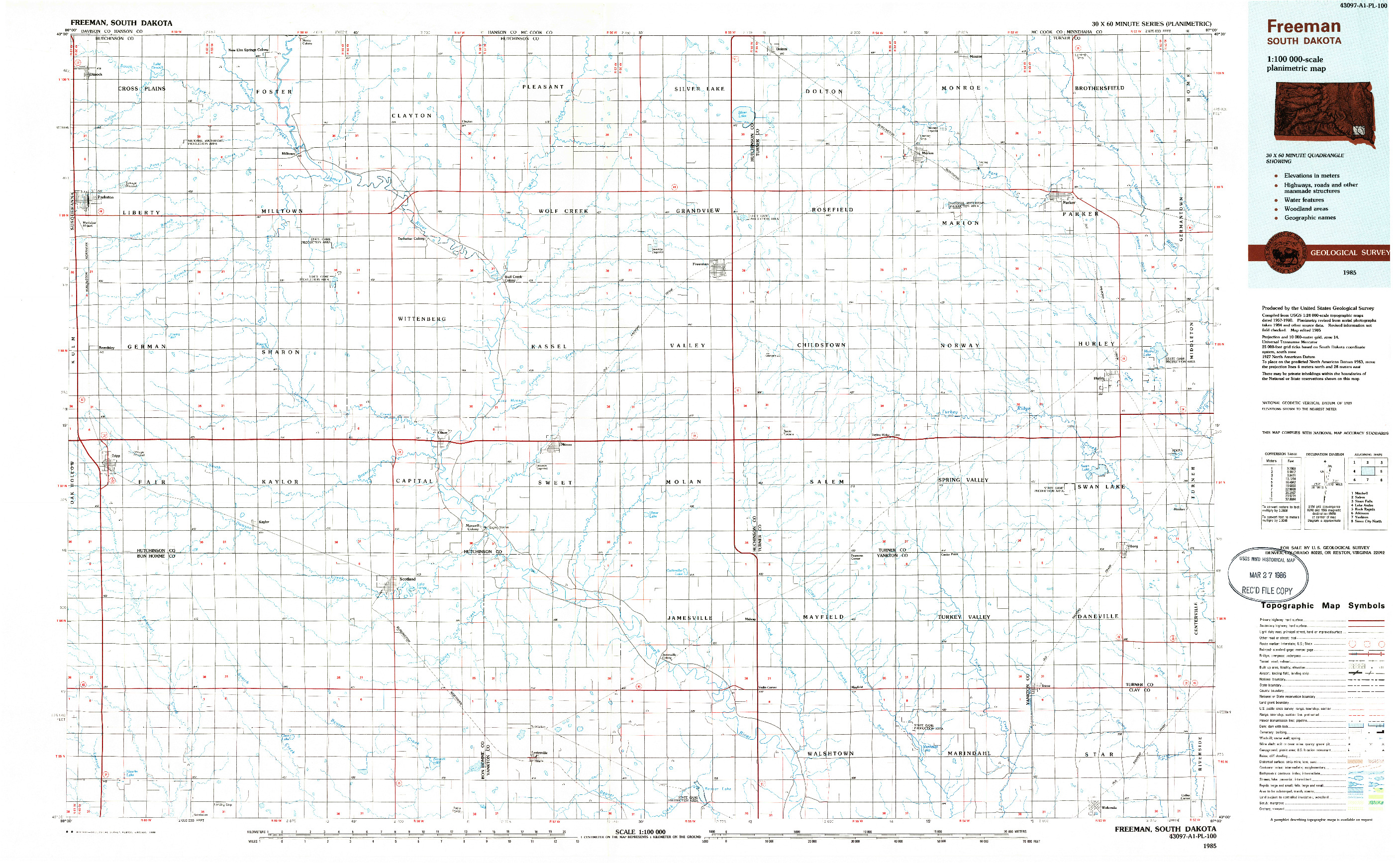 USGS 1:100000-SCALE QUADRANGLE FOR FREEMAN, SD 1985