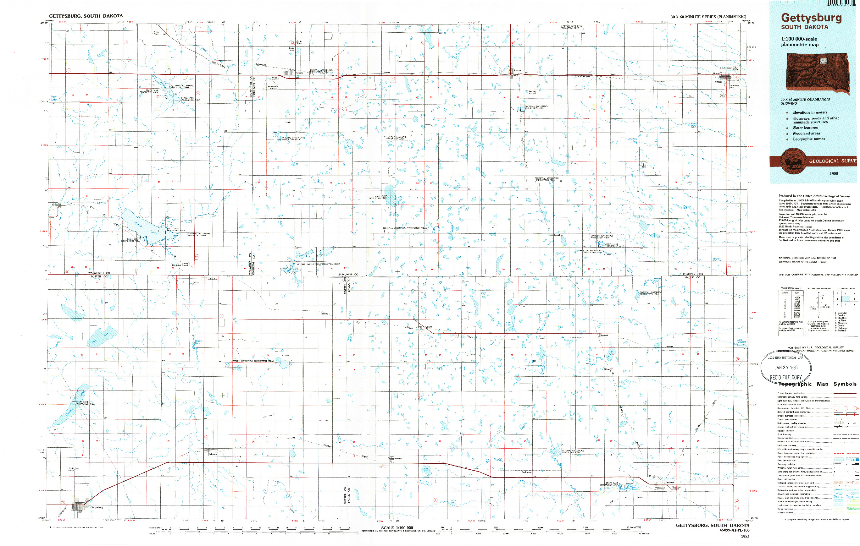 USGS 1:100000-SCALE QUADRANGLE FOR GETTYSBURG, SD 1985