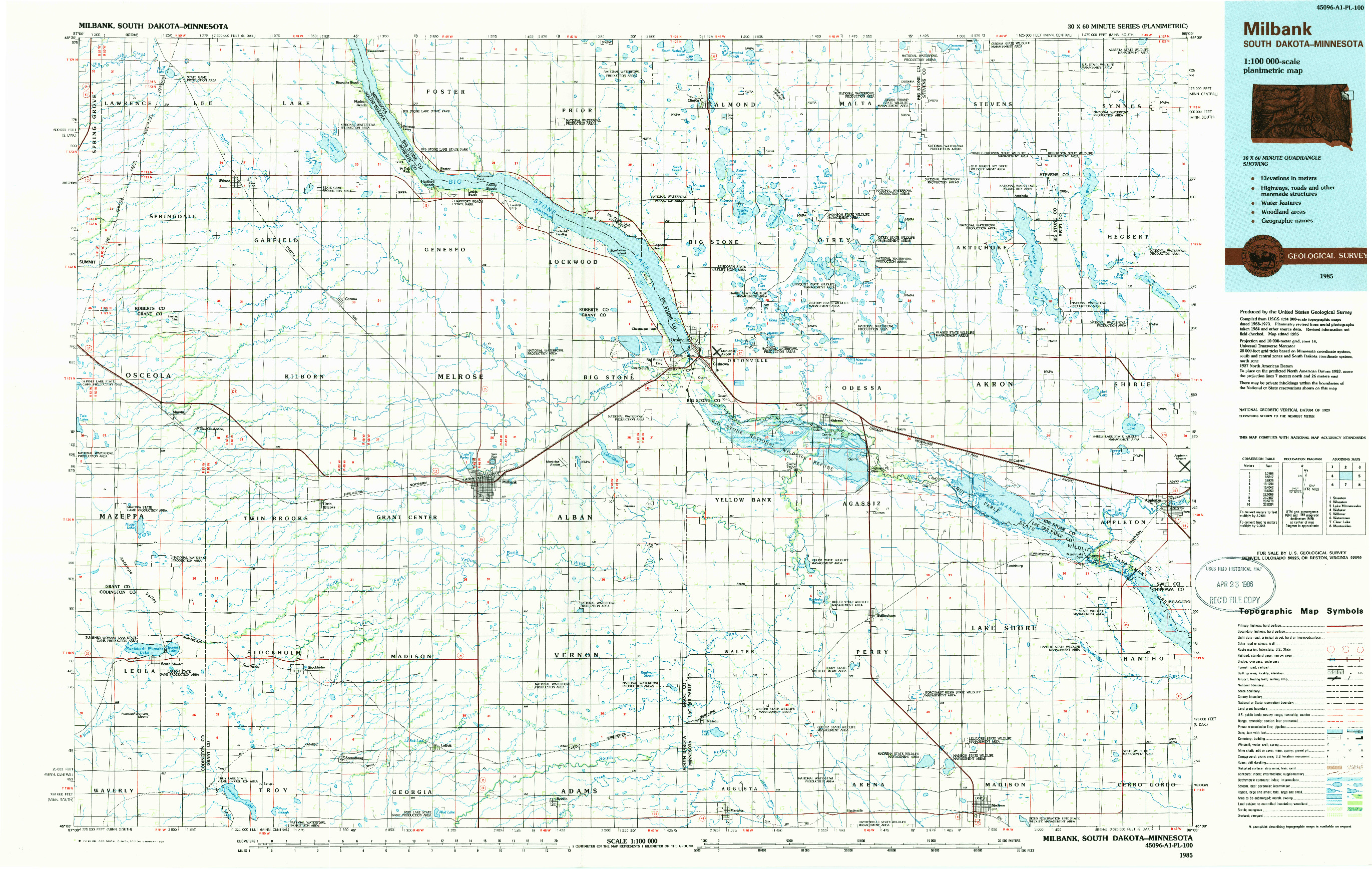 USGS 1:100000-SCALE QUADRANGLE FOR MILBANK, SD 1985