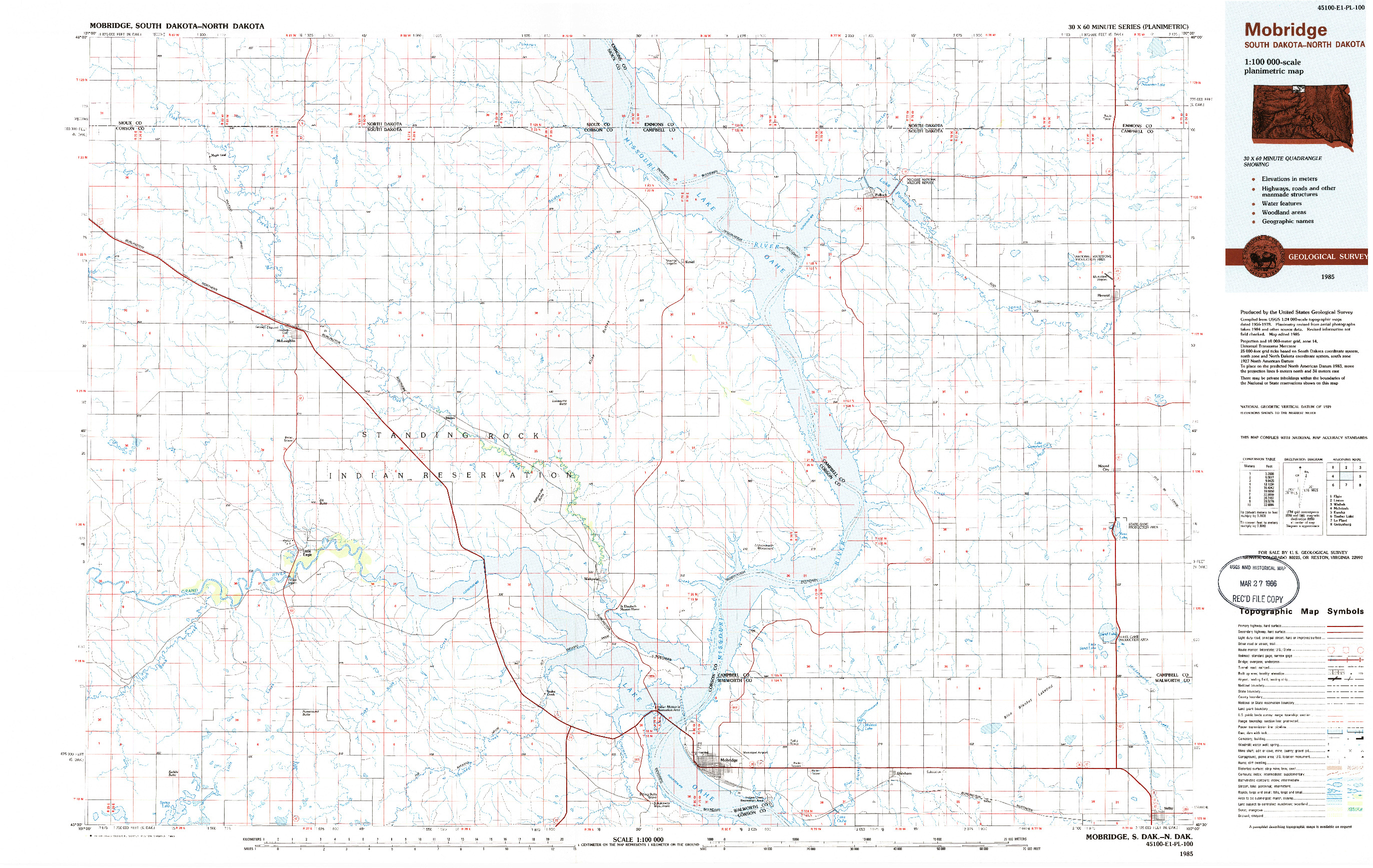 USGS 1:100000-SCALE QUADRANGLE FOR MOBRIDGE, SD 1985