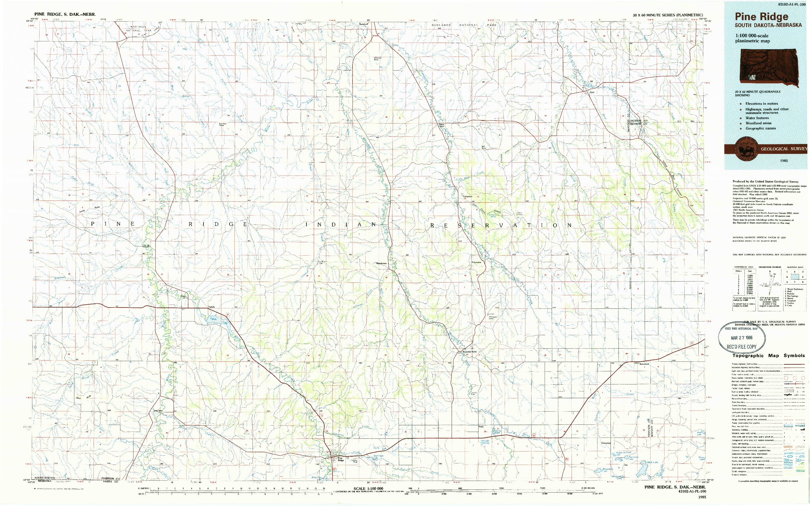 USGS 1:100000-SCALE QUADRANGLE FOR PINE RIDGE, SD 1985