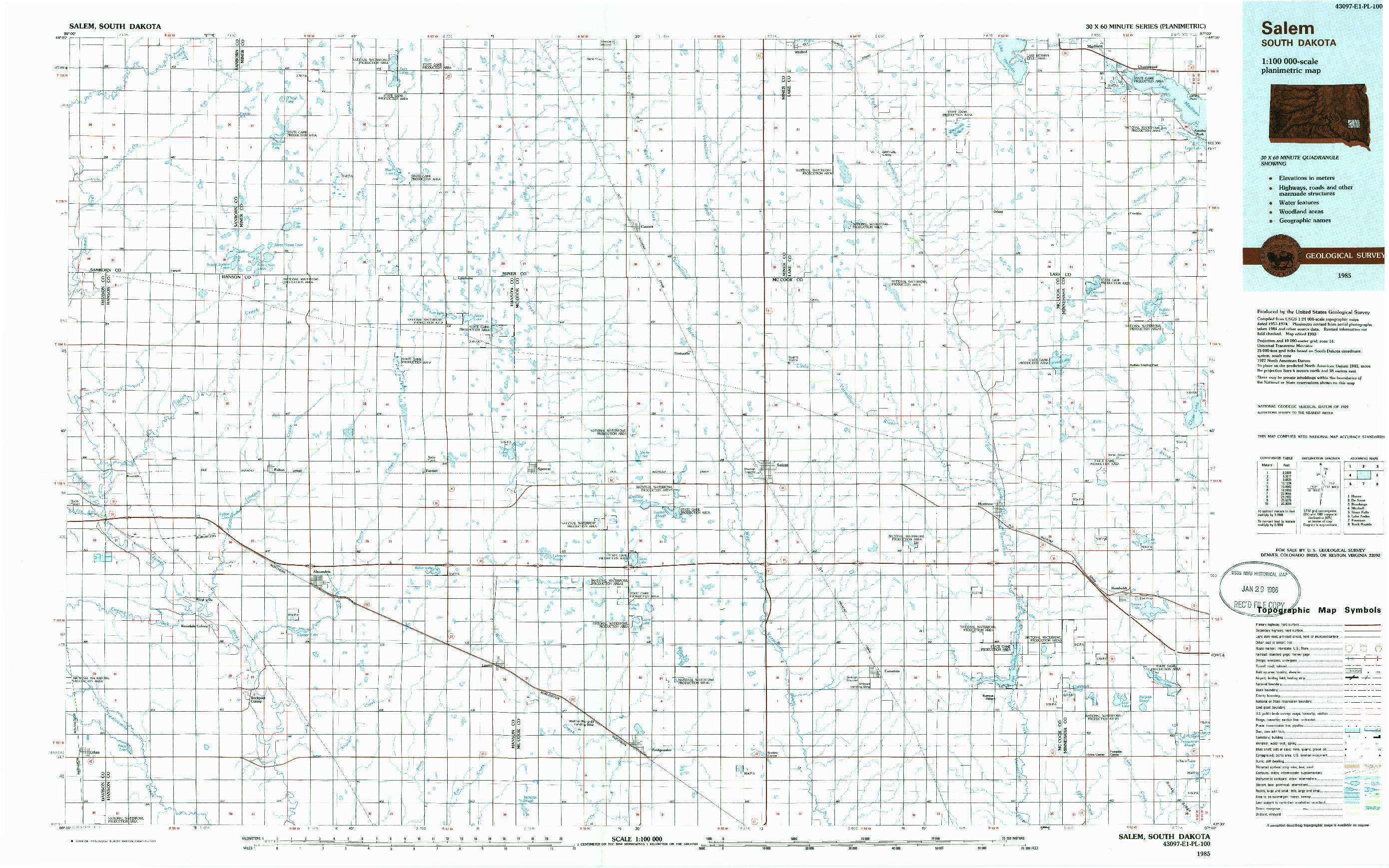 USGS 1:100000-SCALE QUADRANGLE FOR SALEM, SD 1985