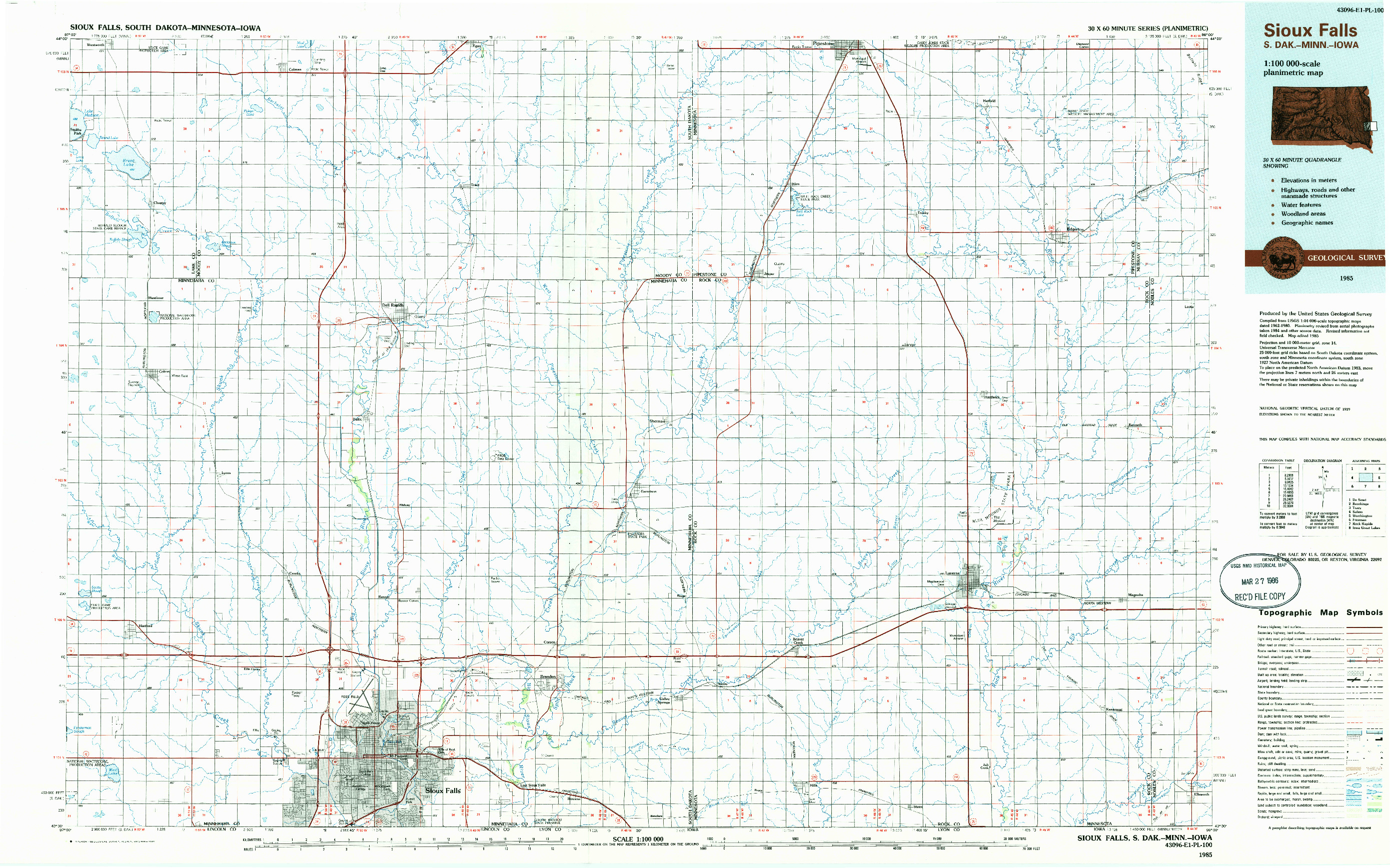 USGS 1:100000-SCALE QUADRANGLE FOR SIOUX FALLS, SD 1985