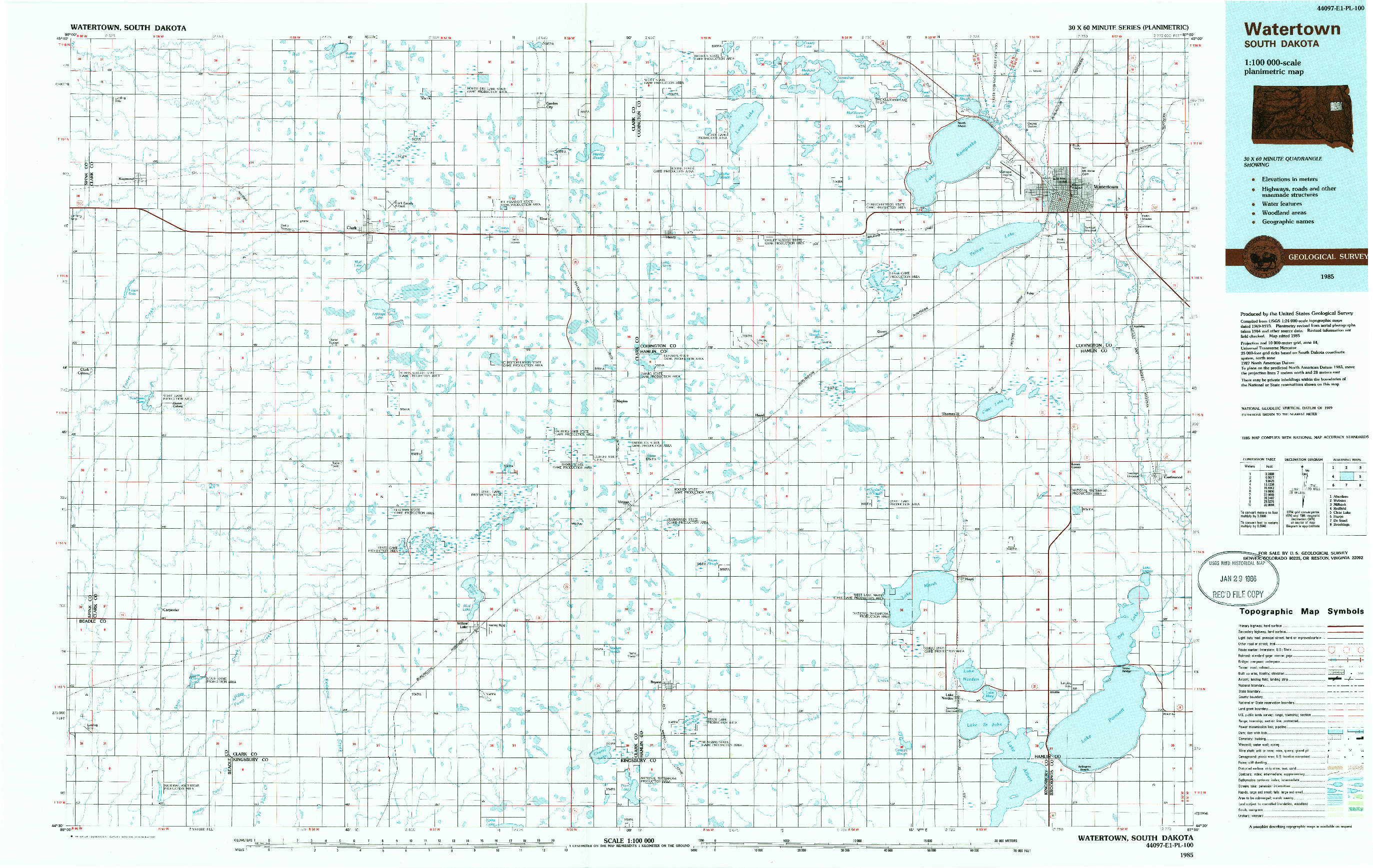 USGS 1:100000-SCALE QUADRANGLE FOR WATERTOWN, SD 1985