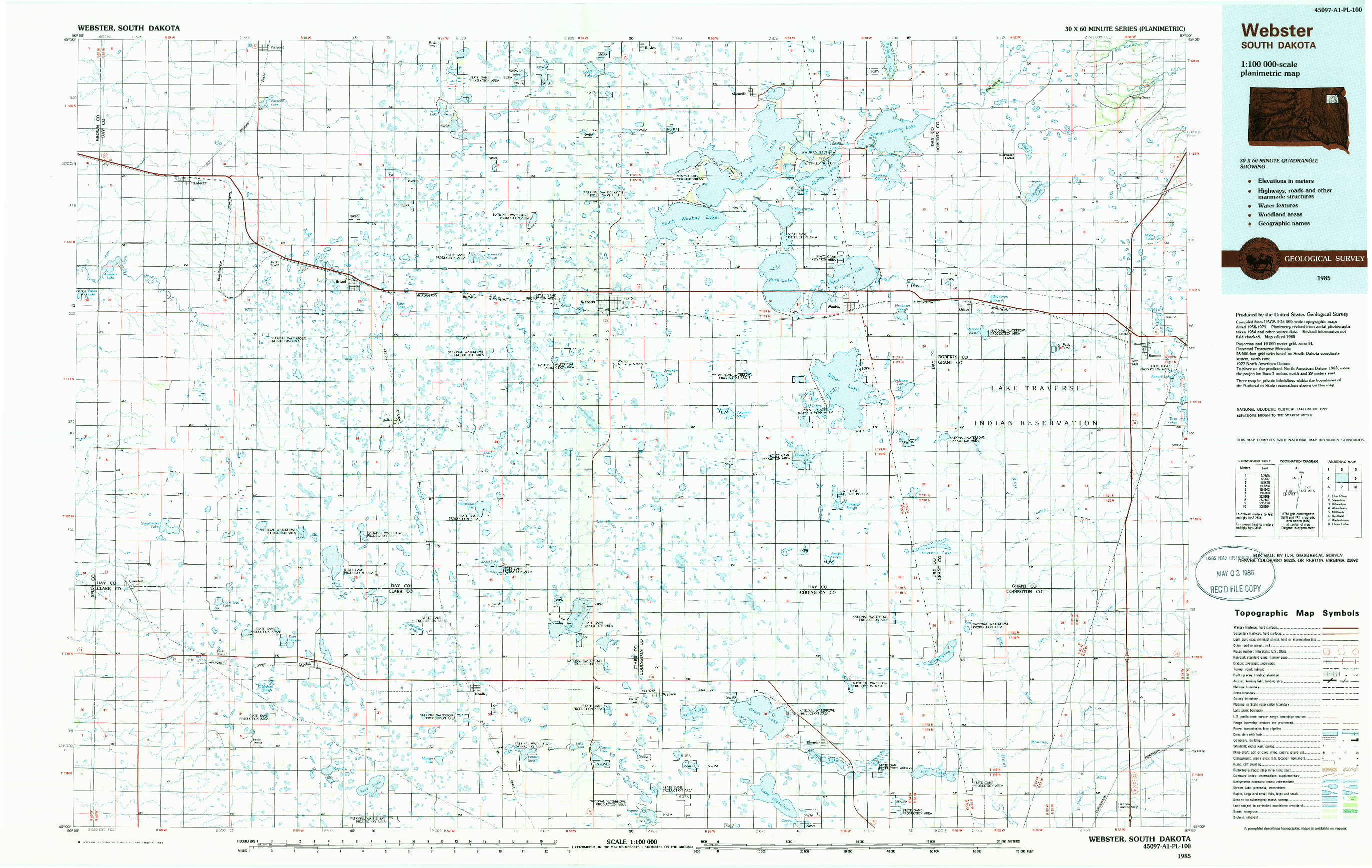 USGS 1:100000-SCALE QUADRANGLE FOR WEBSTER, SD 1985