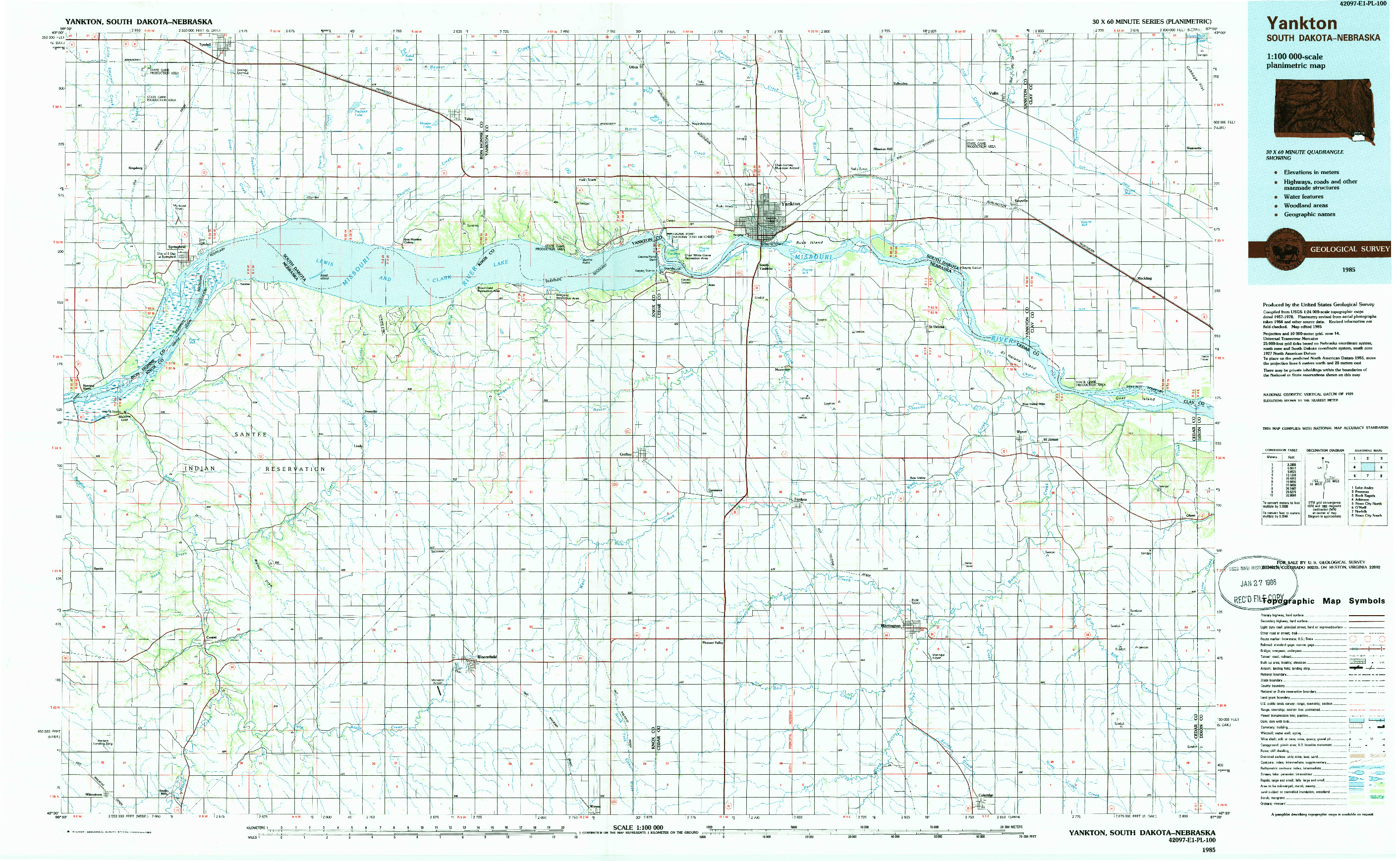 USGS 1:100000-SCALE QUADRANGLE FOR YANKTON, SD 1985