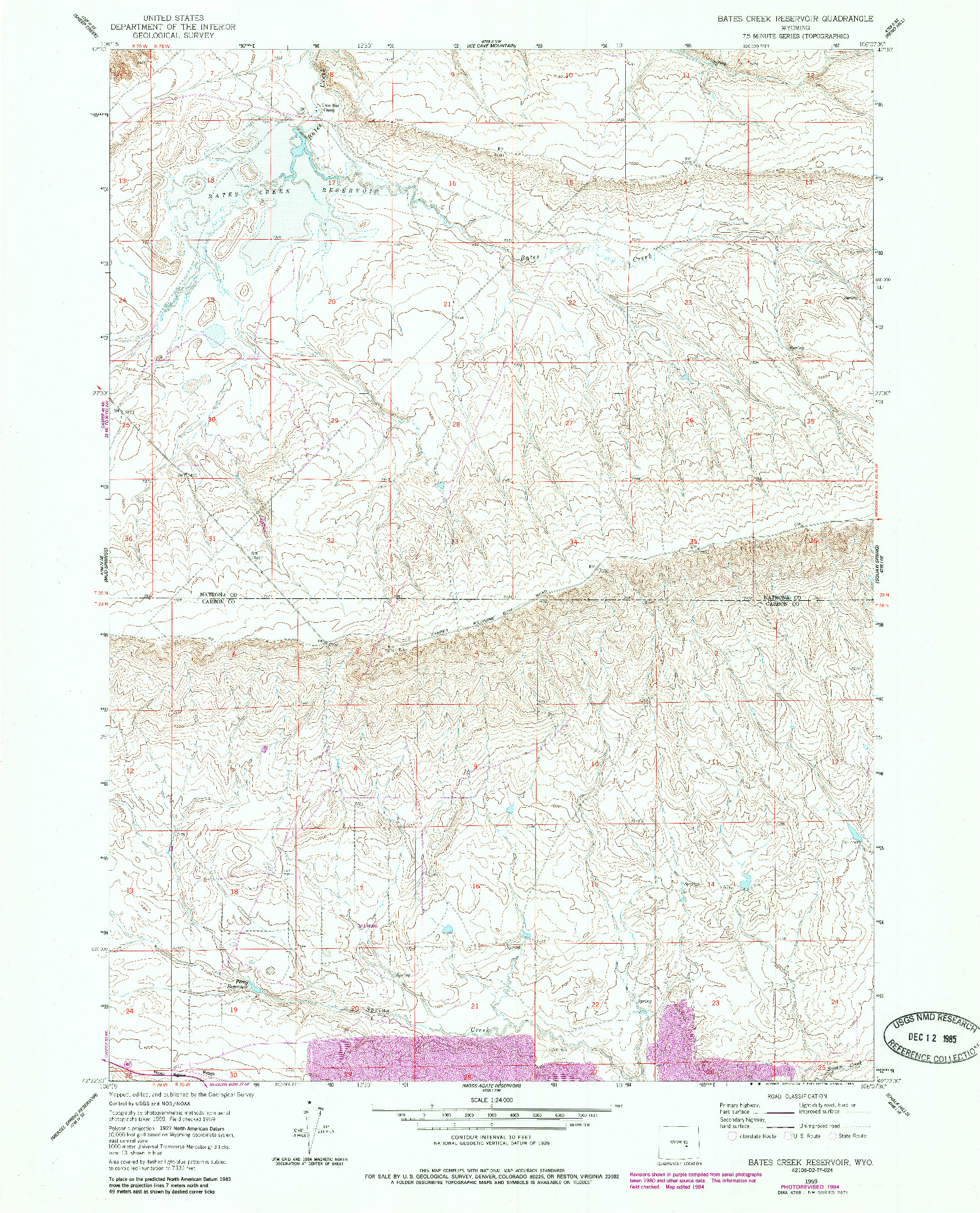 USGS 1:24000-SCALE QUADRANGLE FOR BATES CREEK RESERVOIR, WY 1959