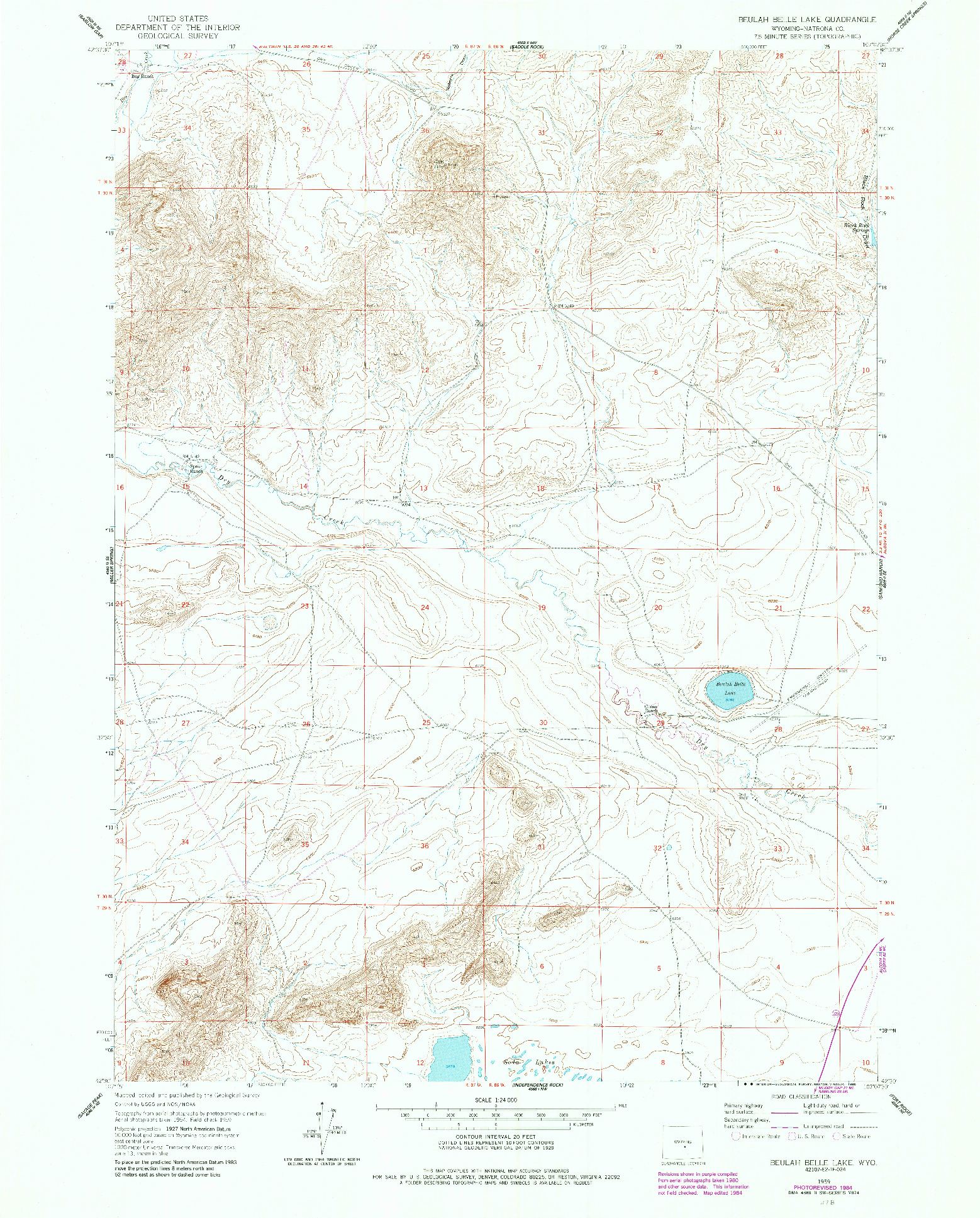 USGS 1:24000-SCALE QUADRANGLE FOR BEULAH BELLE LAKE, WY 1959