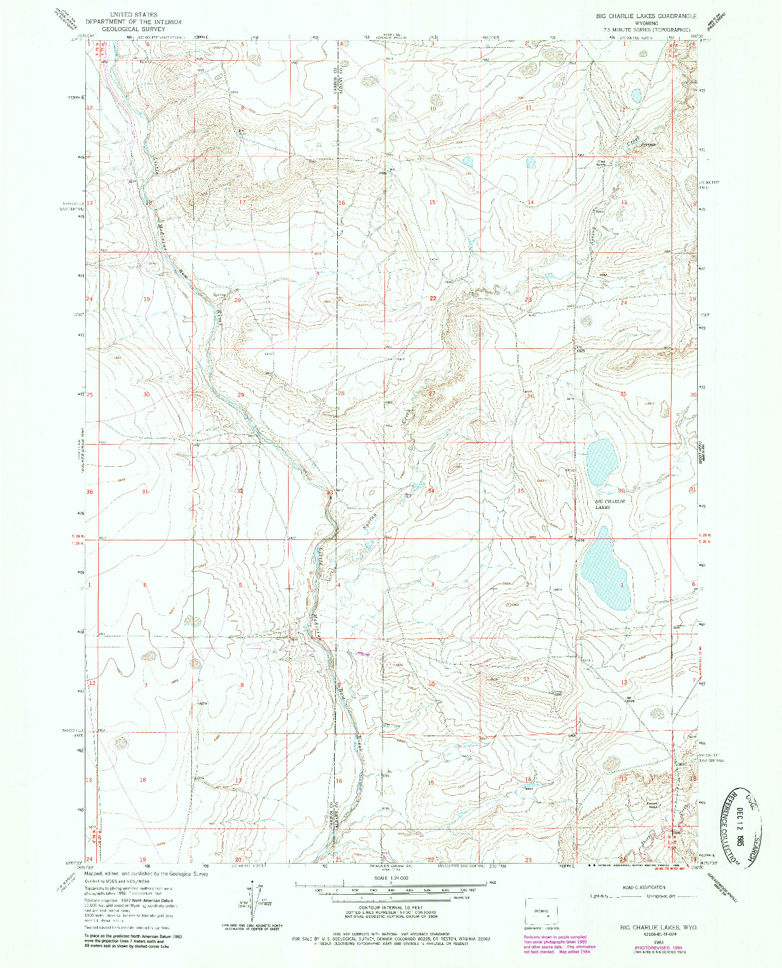 USGS 1:24000-SCALE QUADRANGLE FOR BIG CHARLIE LAKES, WY 1961