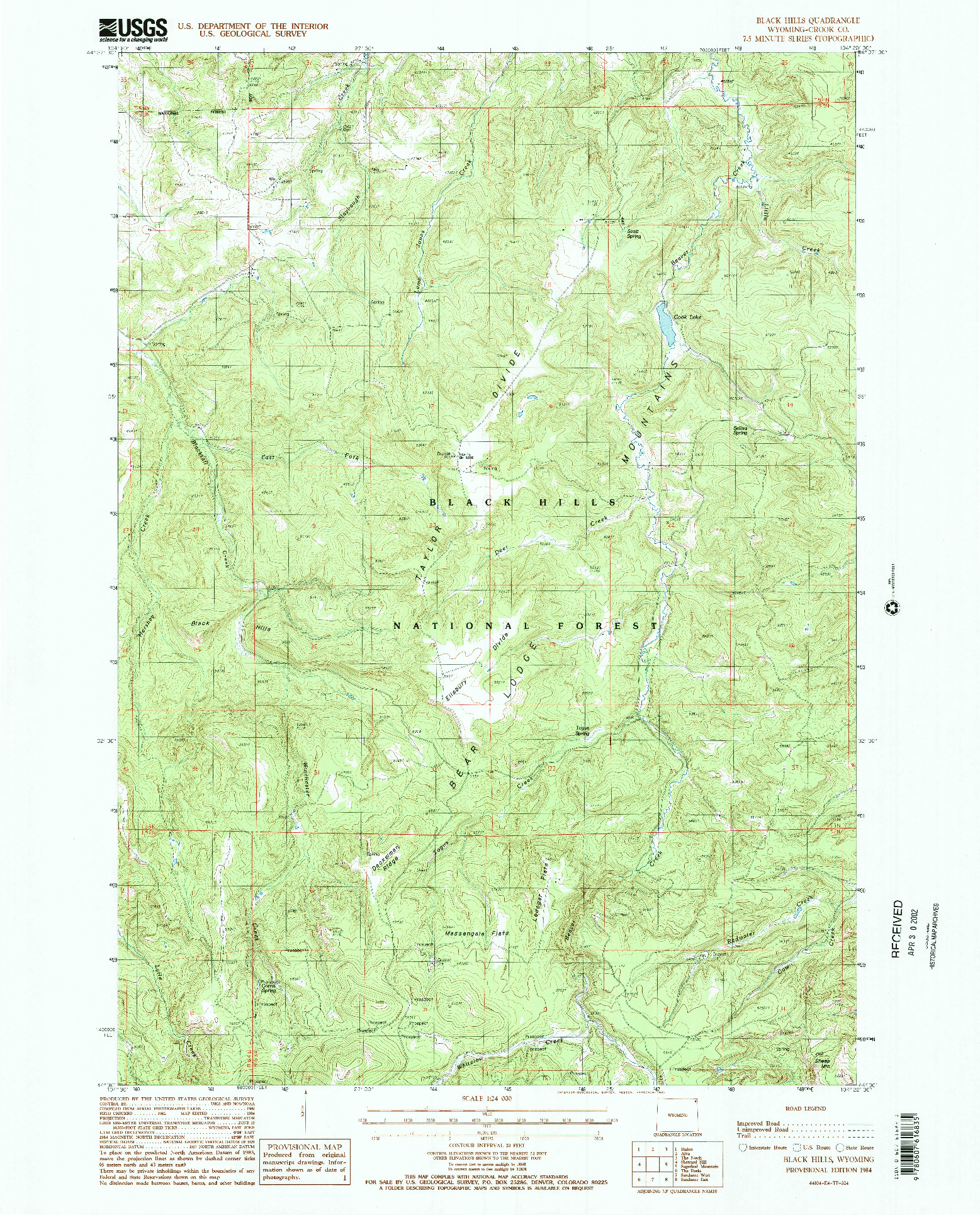 USGS 1:24000-SCALE QUADRANGLE FOR BLACK HILLS, WY 1984