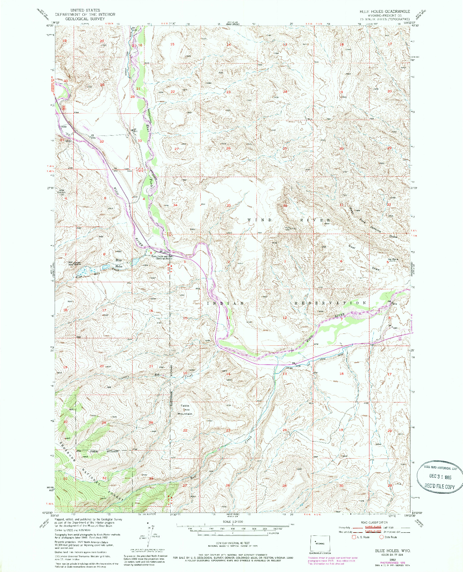 USGS 1:24000-SCALE QUADRANGLE FOR BLUE HOLES, WY 1952