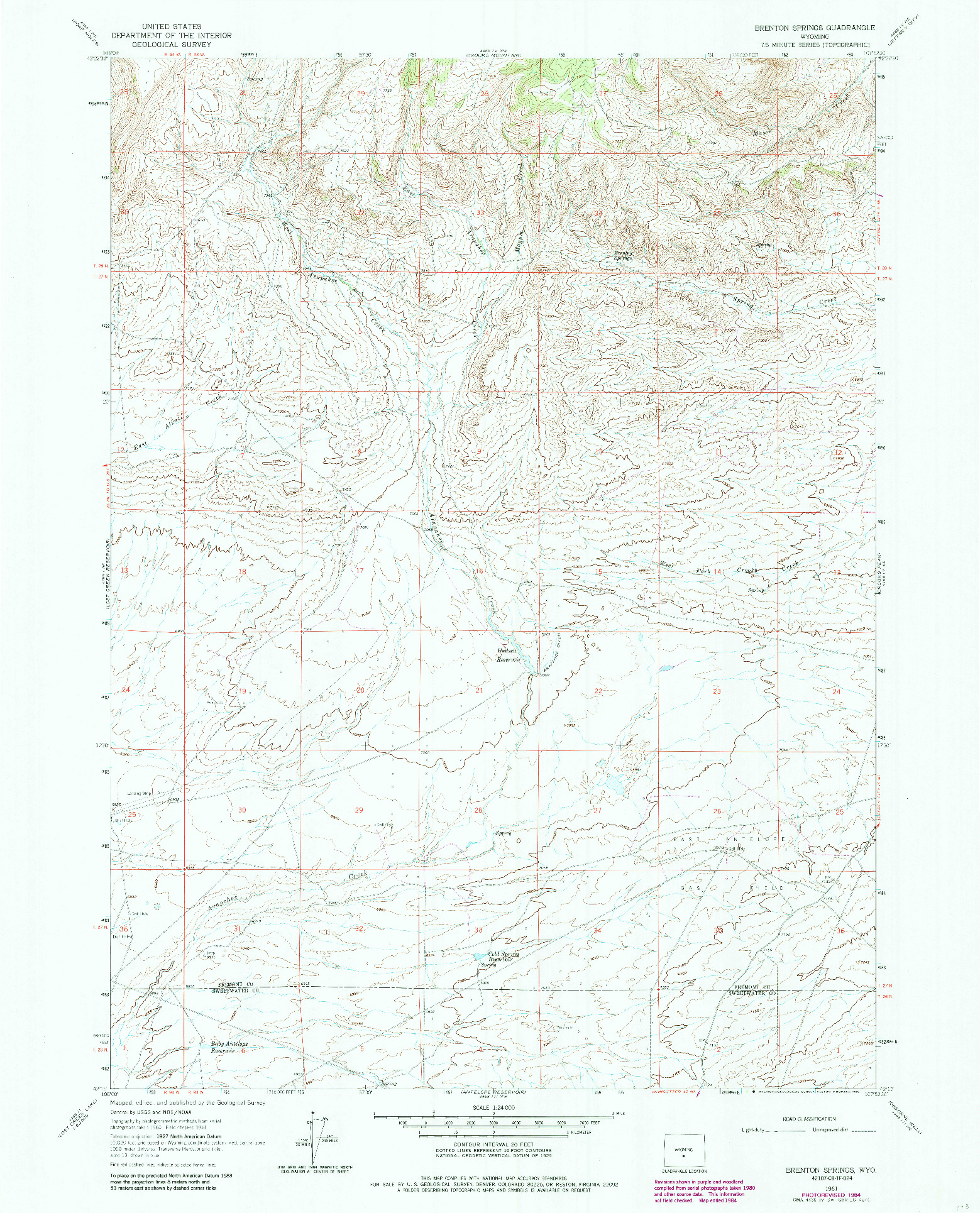 USGS 1:24000-SCALE QUADRANGLE FOR BRENTON SPRINGS, WY 1961