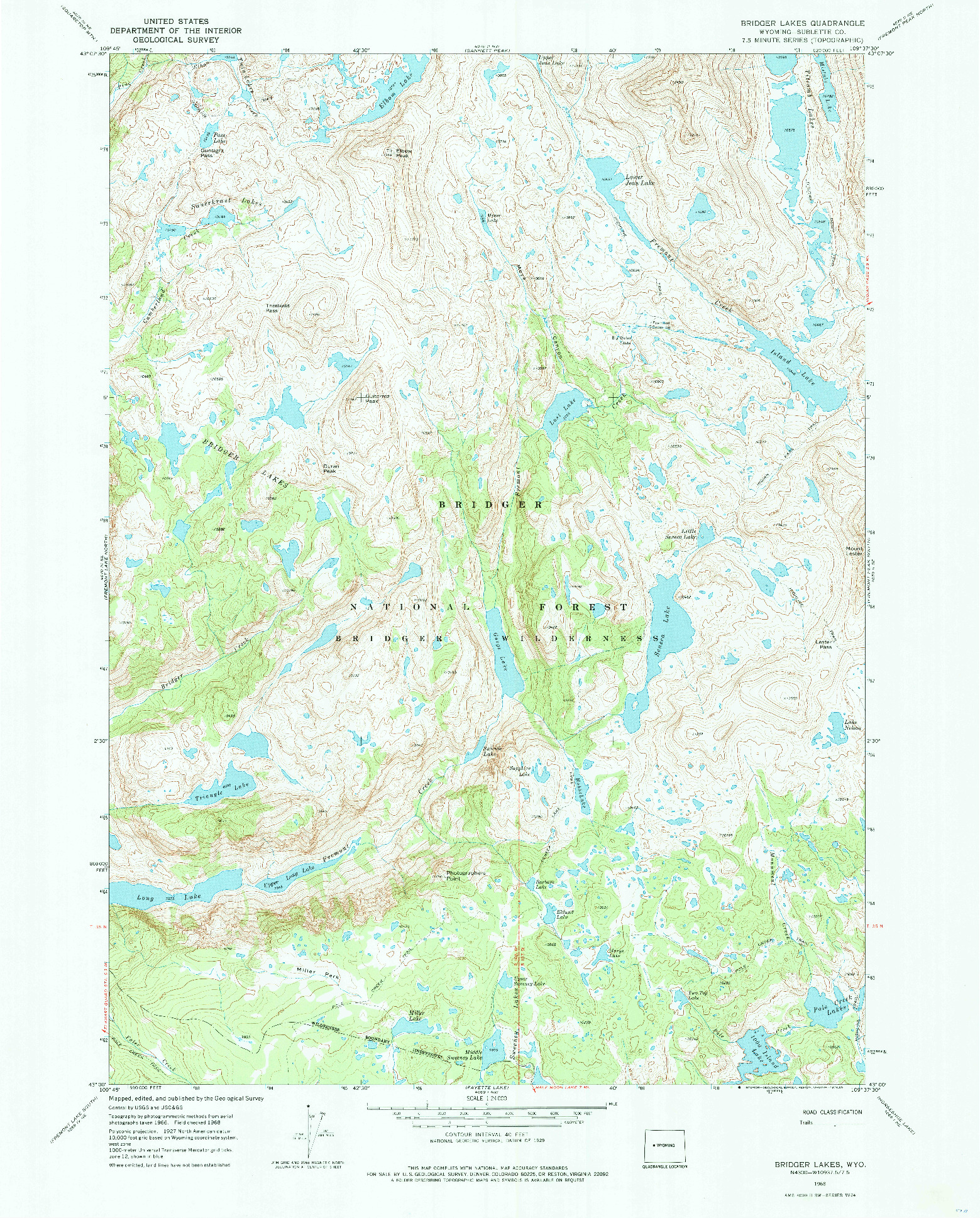 USGS 1:24000-SCALE QUADRANGLE FOR BRIDGER LAKES, WY 1968