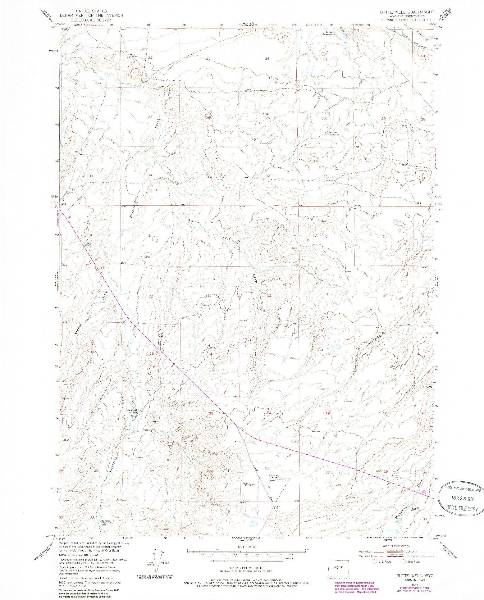 USGS 1:24000-SCALE QUADRANGLE FOR BUTTE WELL, WY 1952