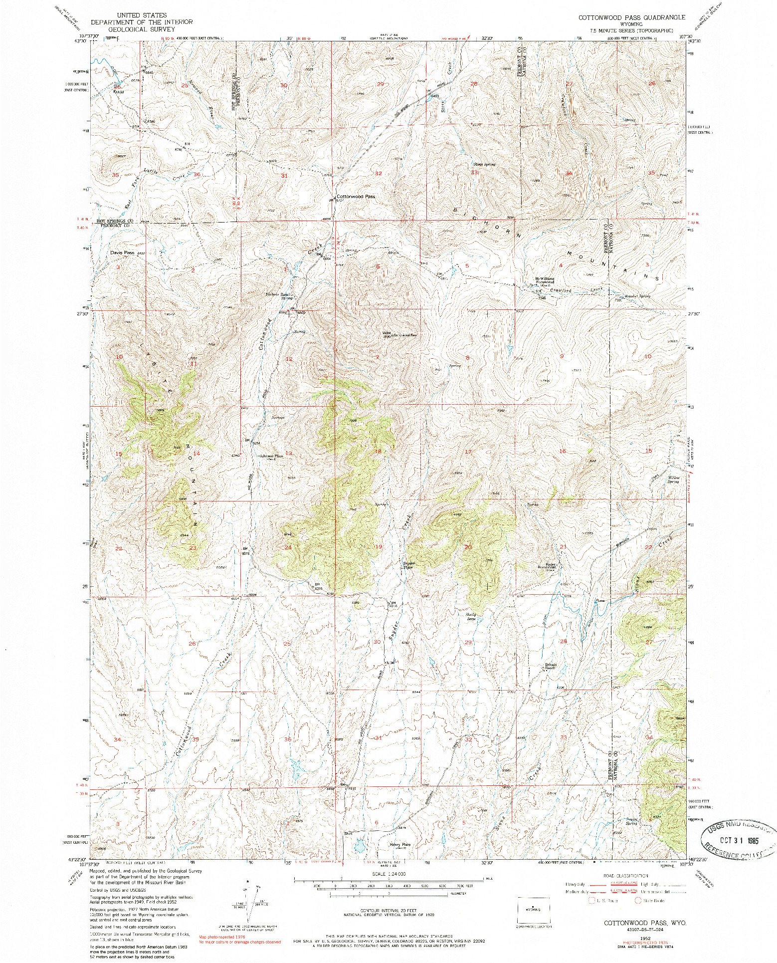 USGS 1:24000-SCALE QUADRANGLE FOR COTTONWOOD PASS, WY 1952