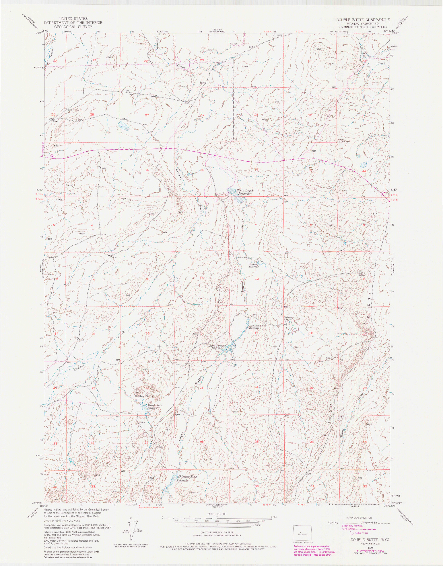 USGS 1:24000-SCALE QUADRANGLE FOR DOUBLE BUTTE, WY 1957