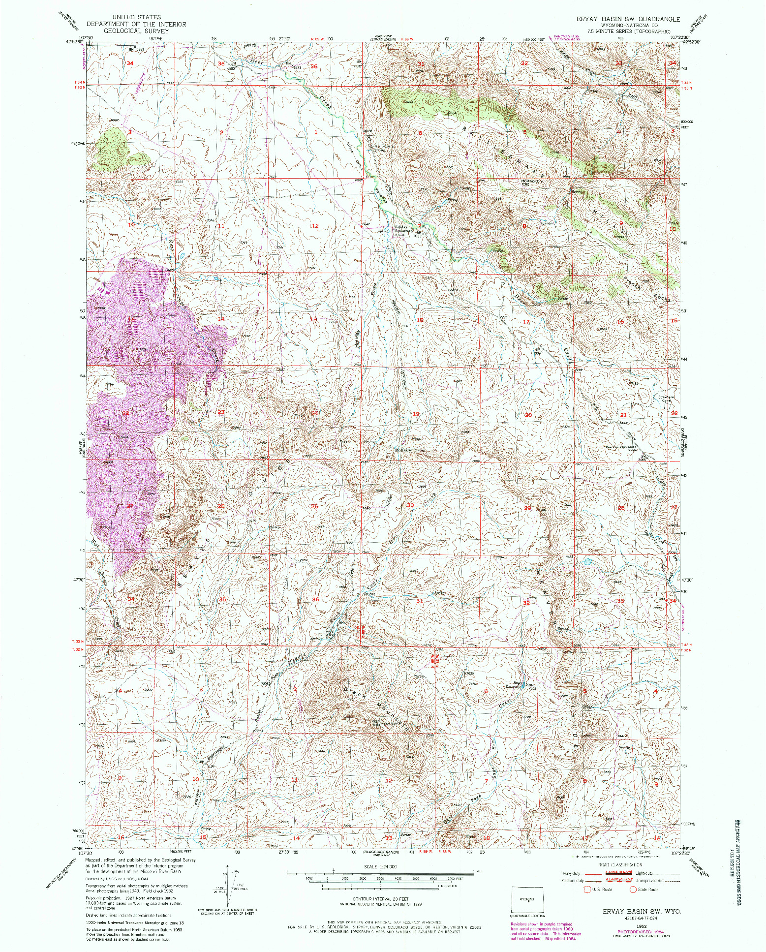 USGS 1:24000-SCALE QUADRANGLE FOR ERVAY BASIN SW, WY 1952