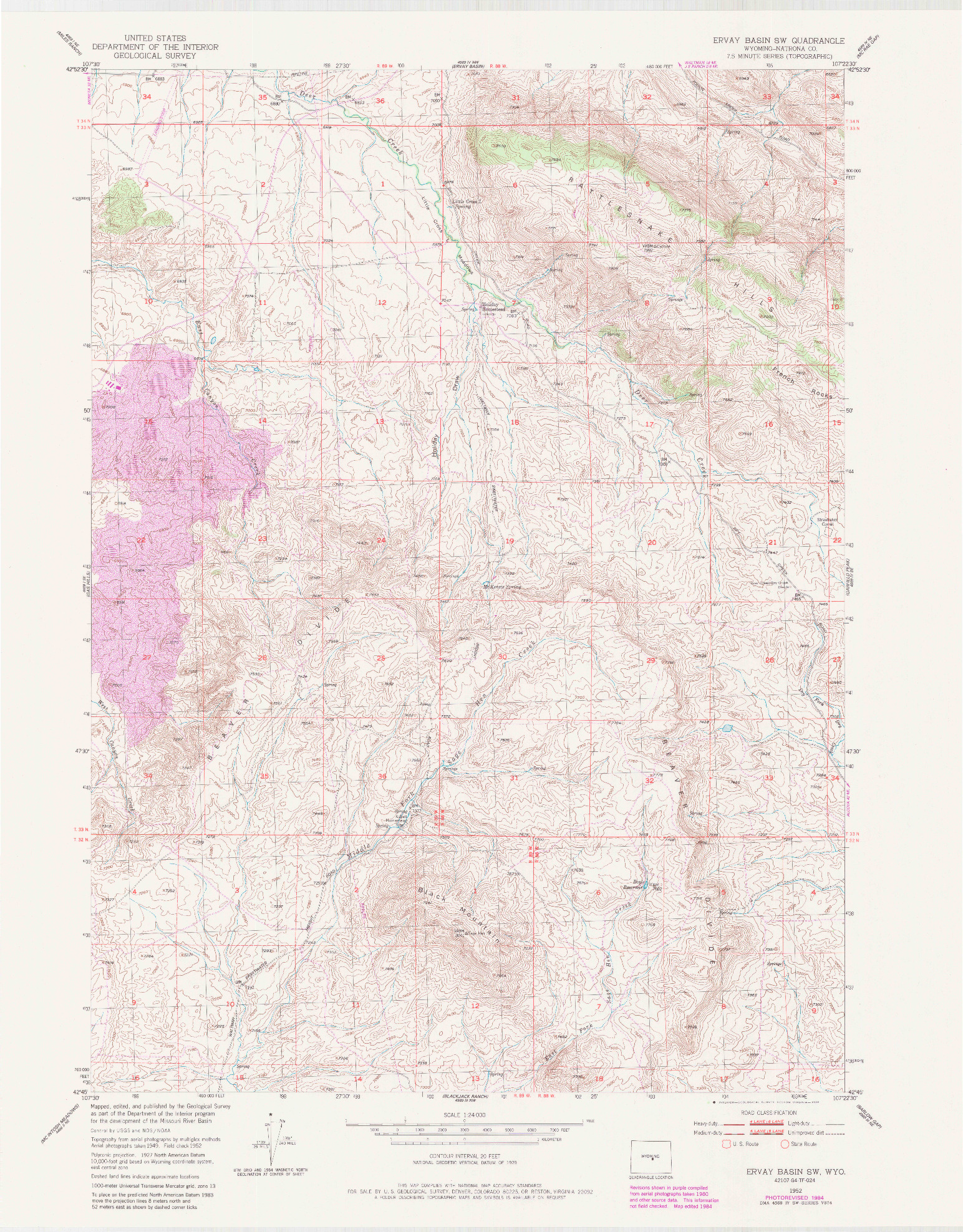 USGS 1:24000-SCALE QUADRANGLE FOR ERVAY BASIN SW, WY 1984