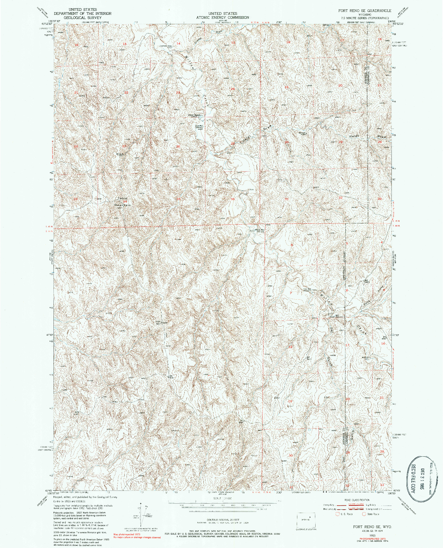 USGS 1:24000-SCALE QUADRANGLE FOR FORT RENO SE, WY 1953