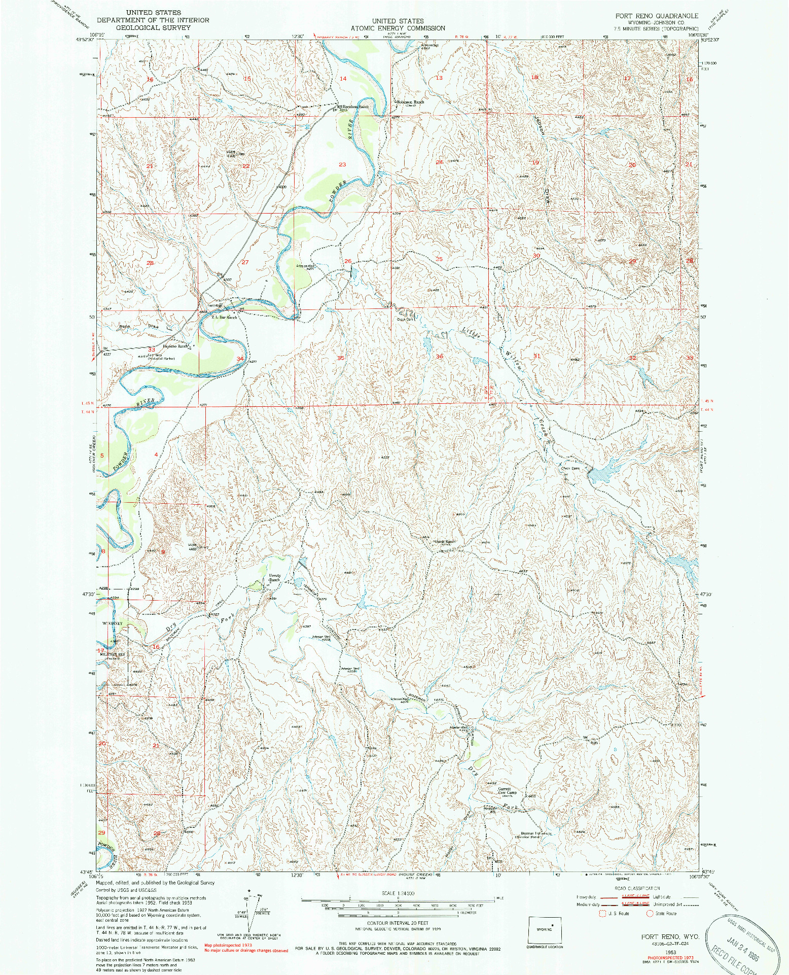 USGS 1:24000-SCALE QUADRANGLE FOR FORT RENO, WY 1953