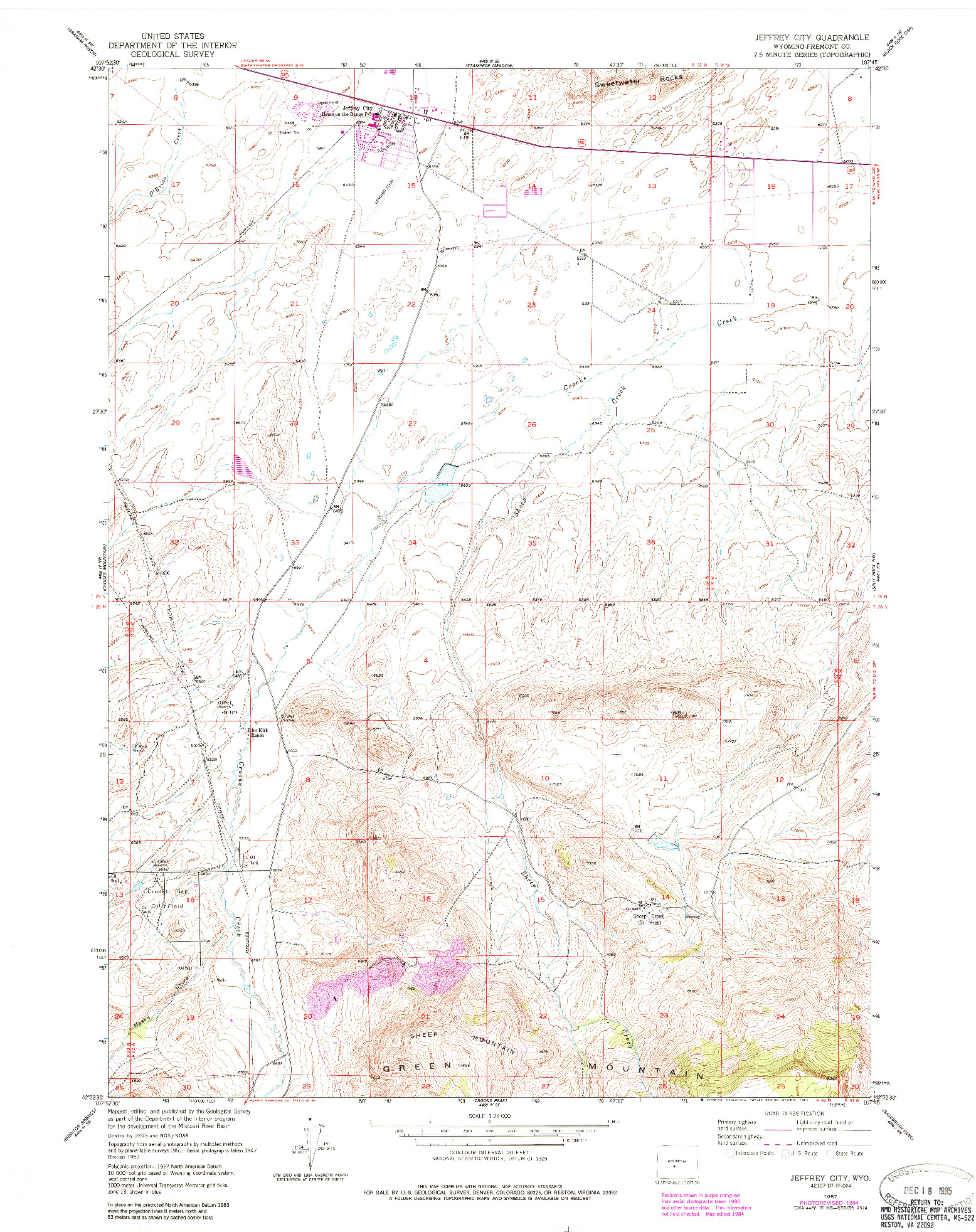 USGS 1:24000-SCALE QUADRANGLE FOR JEFFREY CITY, WY 1957