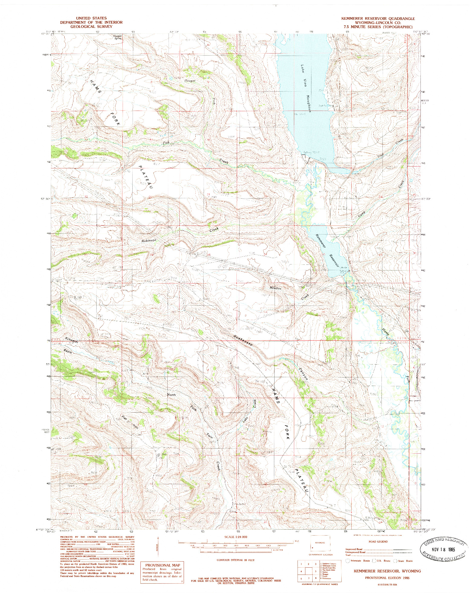 USGS 1:24000-SCALE QUADRANGLE FOR KEMMERER RESERVOIR, WY 1985