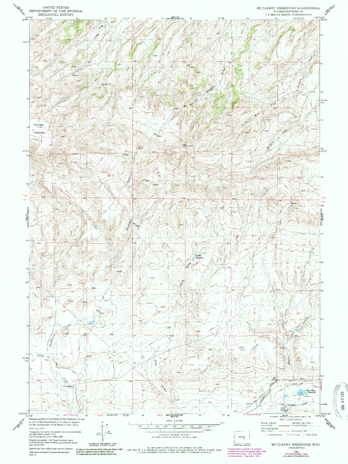 USGS 1:24000-SCALE QUADRANGLE FOR MC CLEARY RESERVOIR, WY 1951