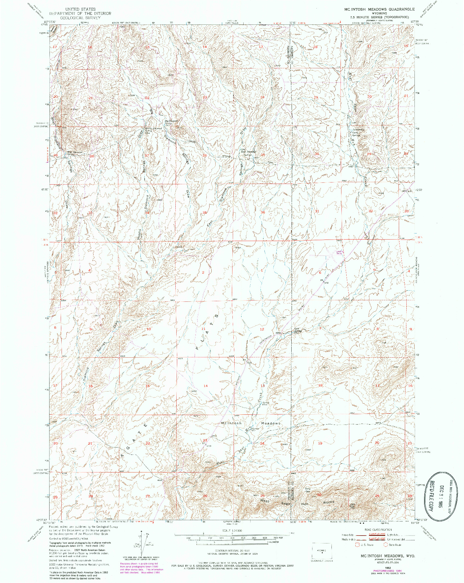 USGS 1:24000-SCALE QUADRANGLE FOR MC INTOSH MEADOWS, WY 1952