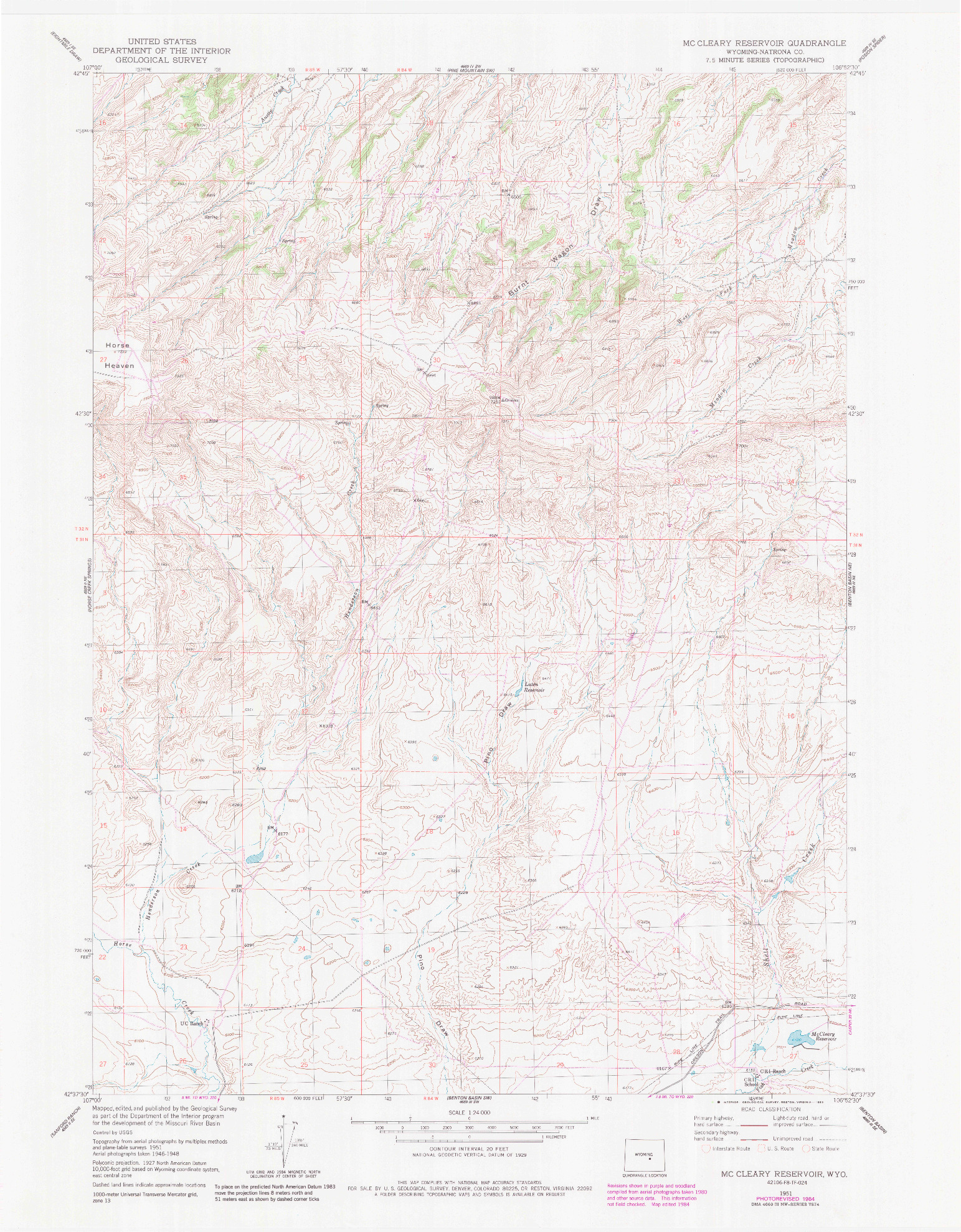 USGS 1:24000-SCALE QUADRANGLE FOR MCCLEARY RESERVOIR, WY 1951
