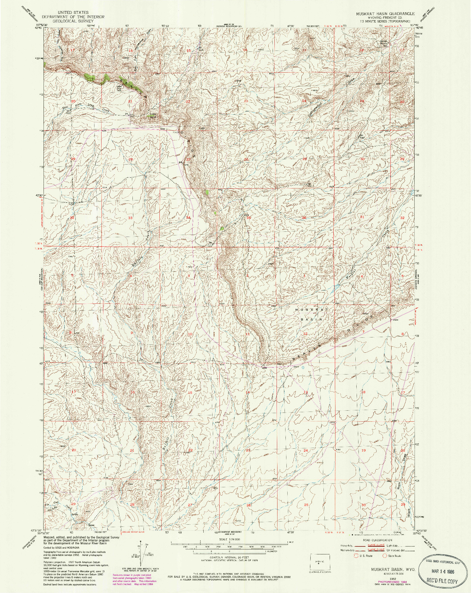 USGS 1:24000-SCALE QUADRANGLE FOR MUSKRAT BASIN, WY 1952