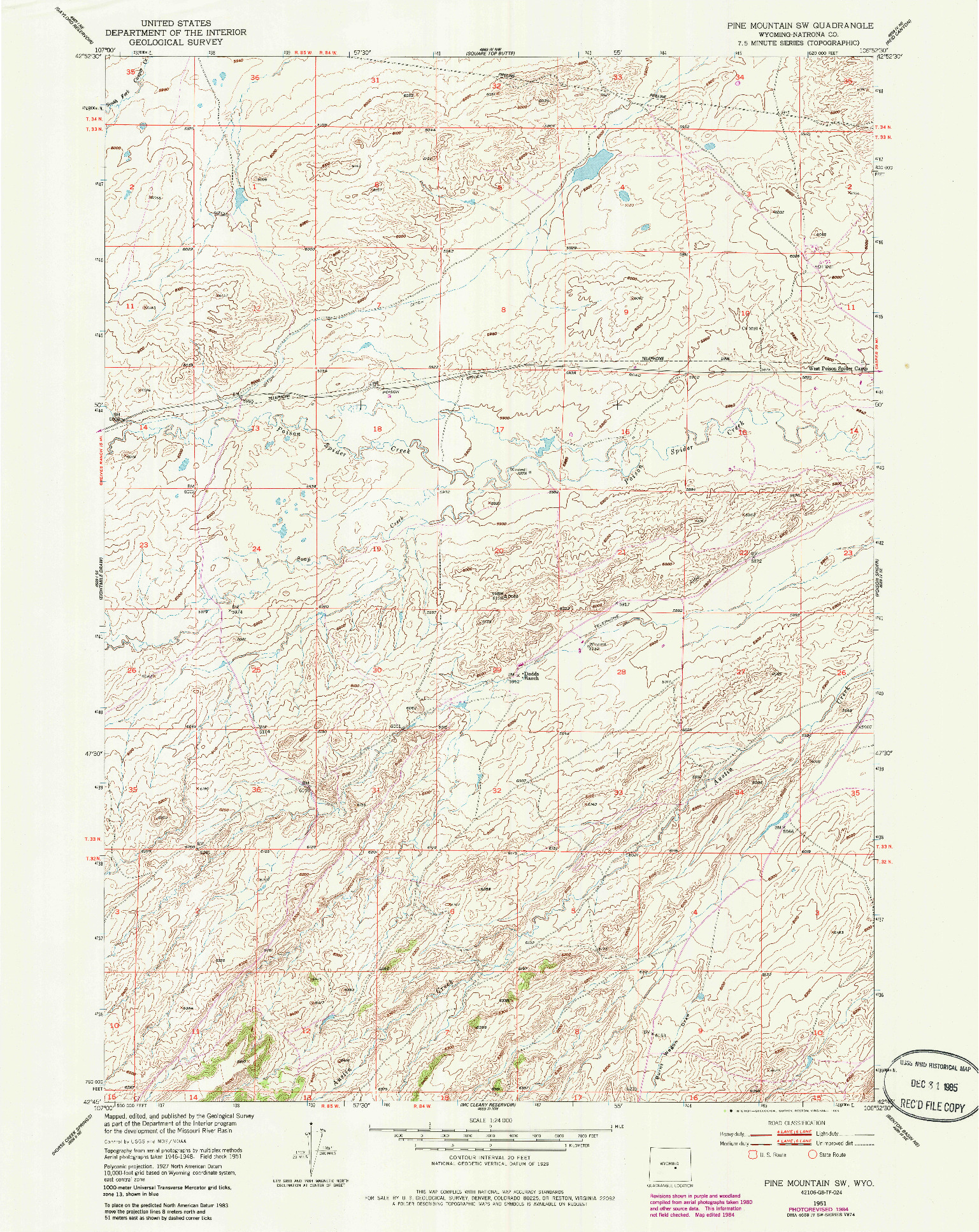 USGS 1:24000-SCALE QUADRANGLE FOR PINE MOUNTAIN SW, WY 1951