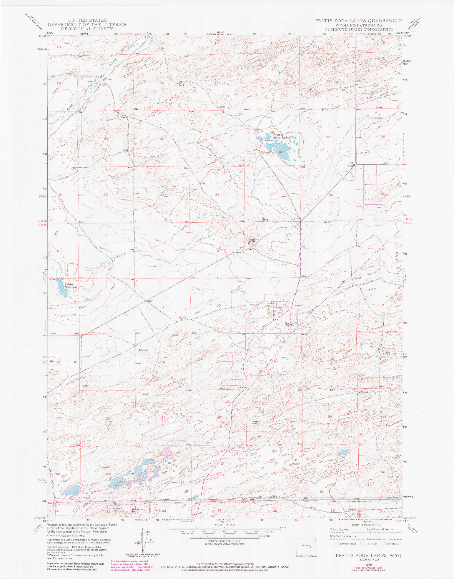USGS 1:24000-SCALE QUADRANGLE FOR PRATTS SODA LAKES, WY 1949