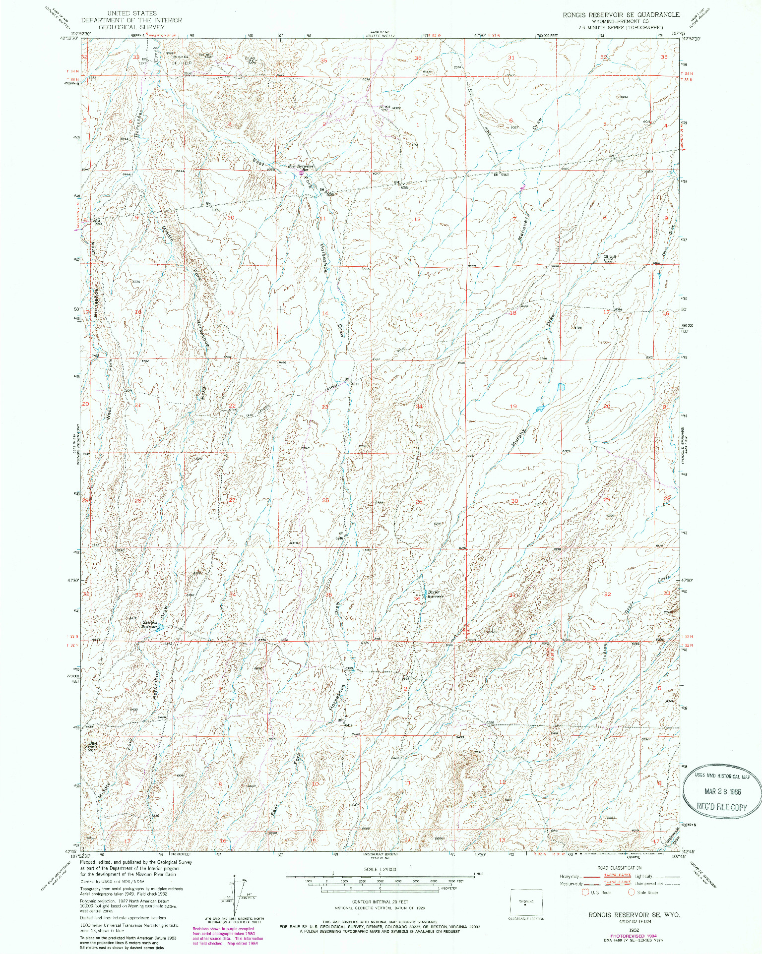 USGS 1:24000-SCALE QUADRANGLE FOR RONGIS RESERVOIR SE, WY 1952