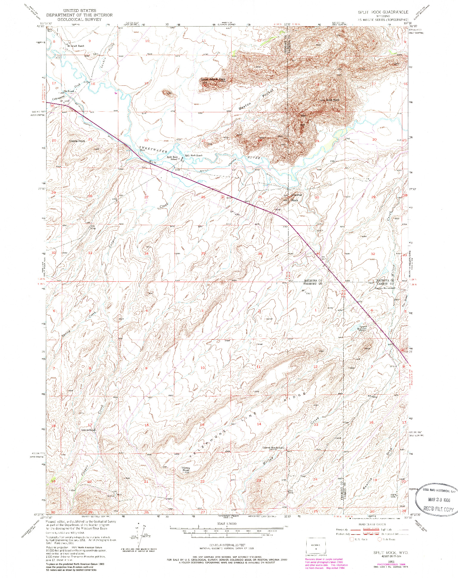 USGS 1:24000-SCALE QUADRANGLE FOR SPLIT ROCK, WY 1951