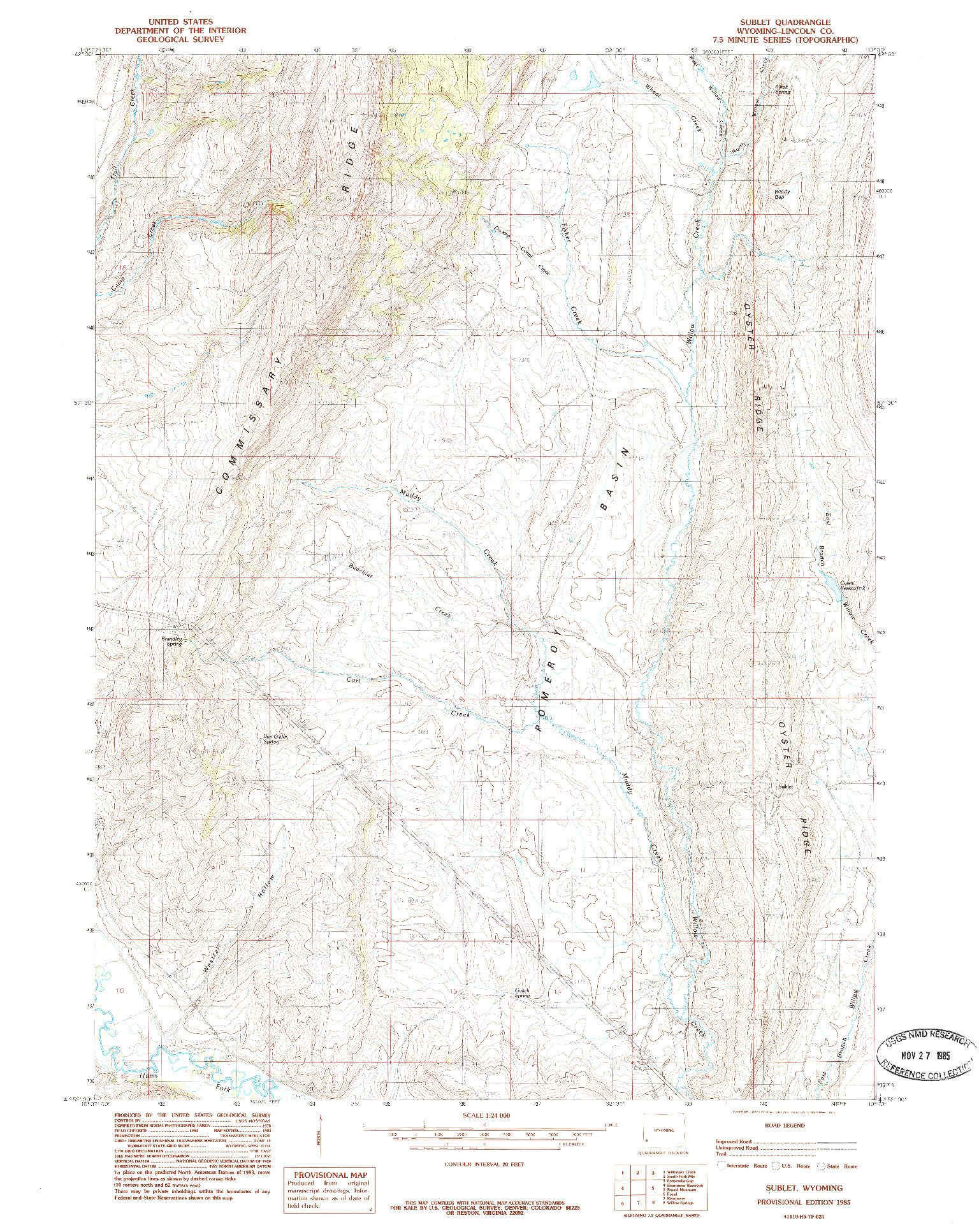 USGS 1:24000-SCALE QUADRANGLE FOR SUBLET, WY 1985