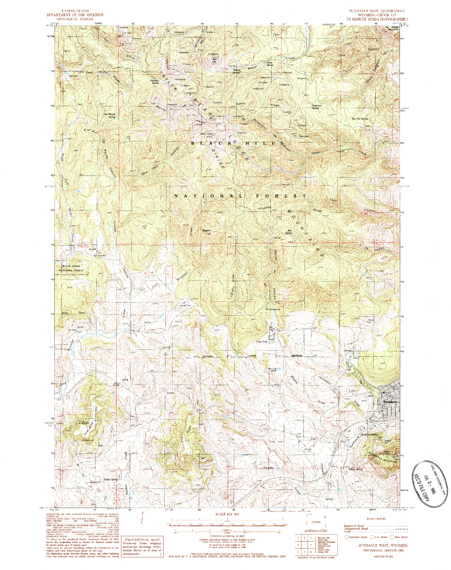 USGS 1:24000-SCALE QUADRANGLE FOR SUNDANCE WEST, WY 1984