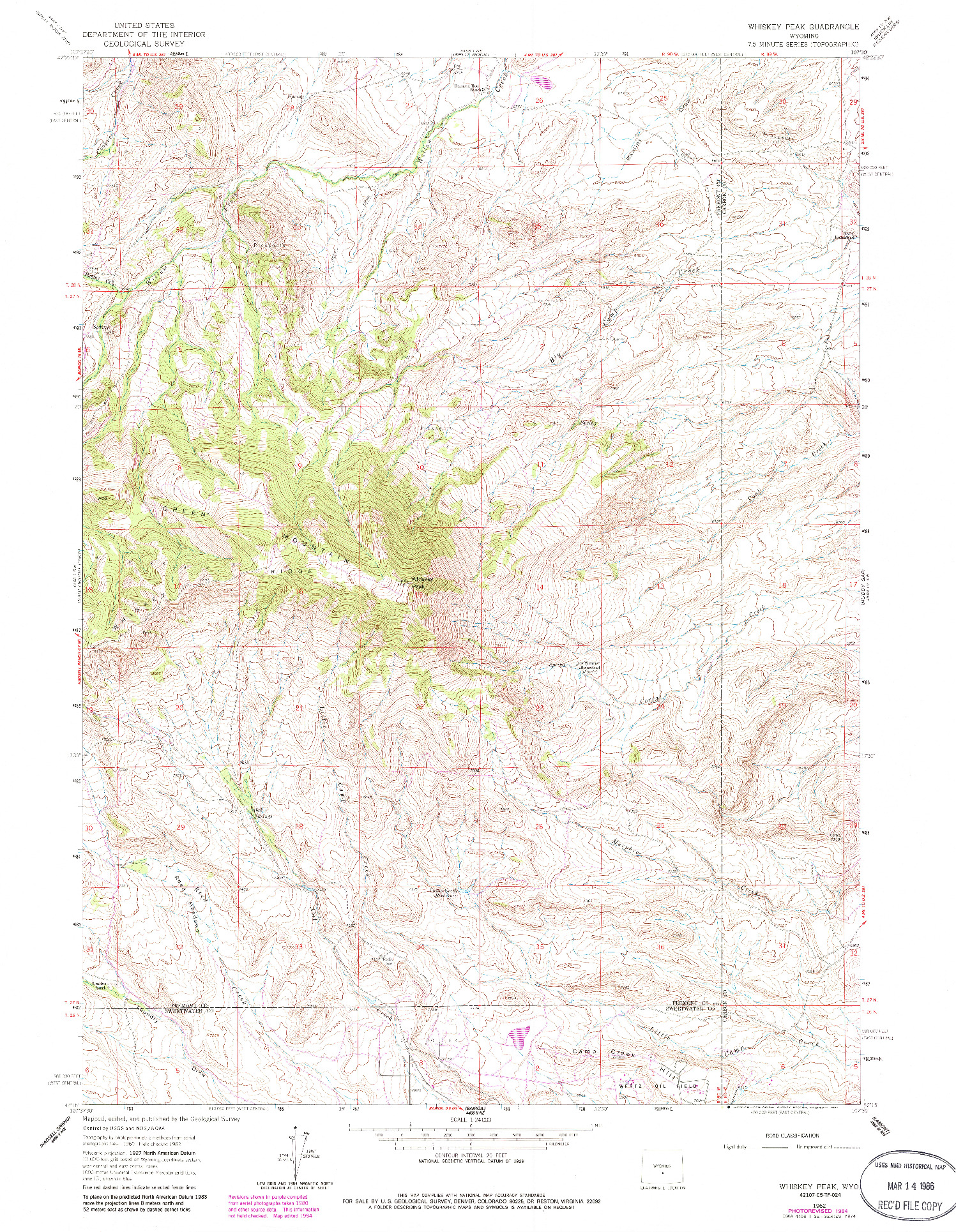 USGS 1:24000-SCALE QUADRANGLE FOR WHISKEY PEAK, WY 1962