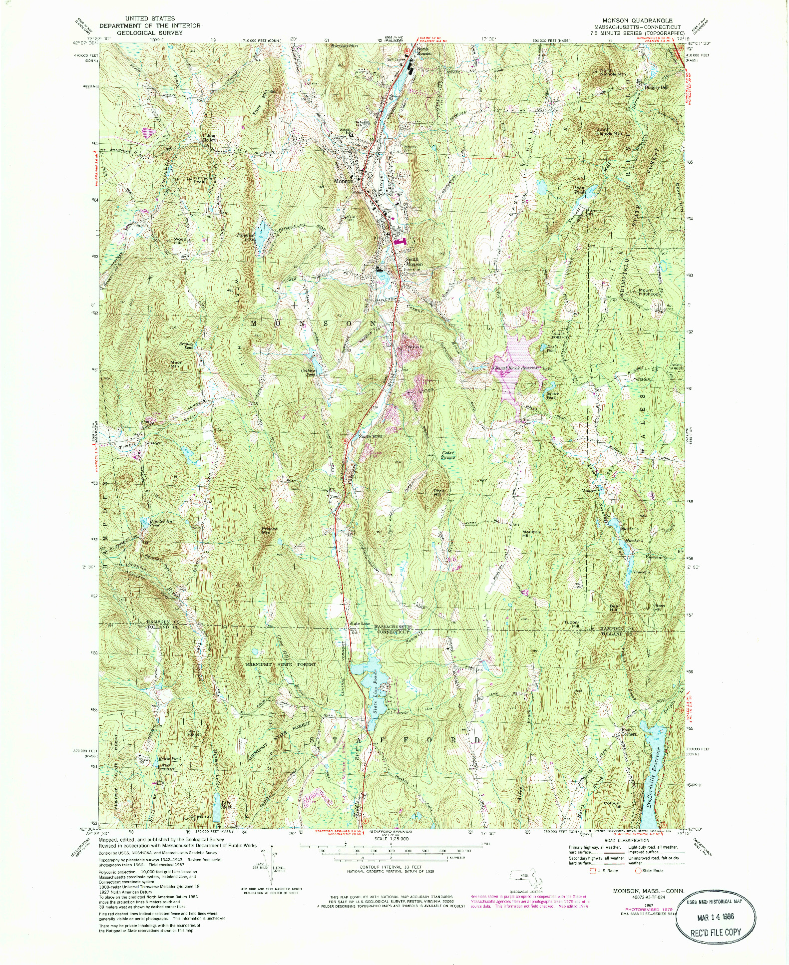 USGS 1:25000-SCALE QUADRANGLE FOR MONSON, MA 1967