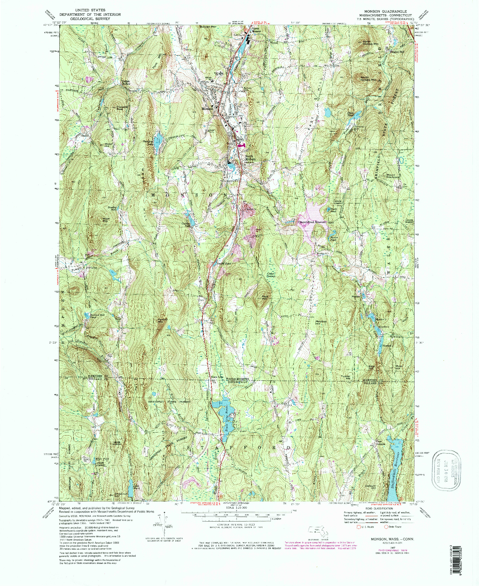 USGS 1:25000-SCALE QUADRANGLE FOR MONSON, MA 1967