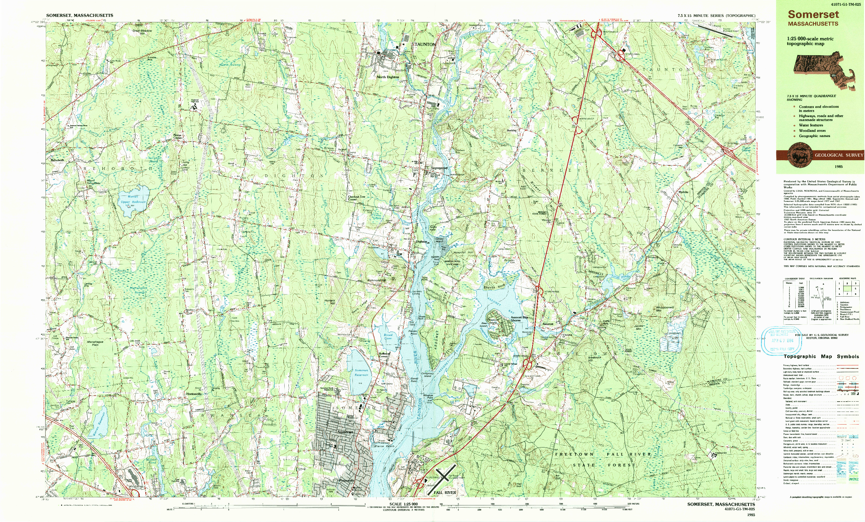 USGS 1:25000-SCALE QUADRANGLE FOR SOMERSET, MA 1985